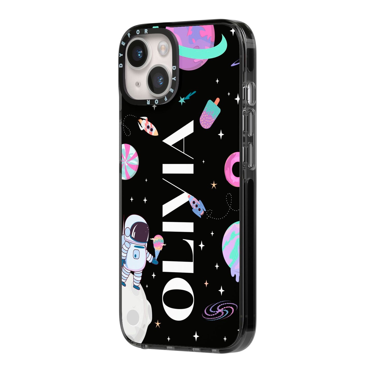 Sweet Treats in Space with Name iPhone 14 Black Impact Case Side Angle on Silver phone