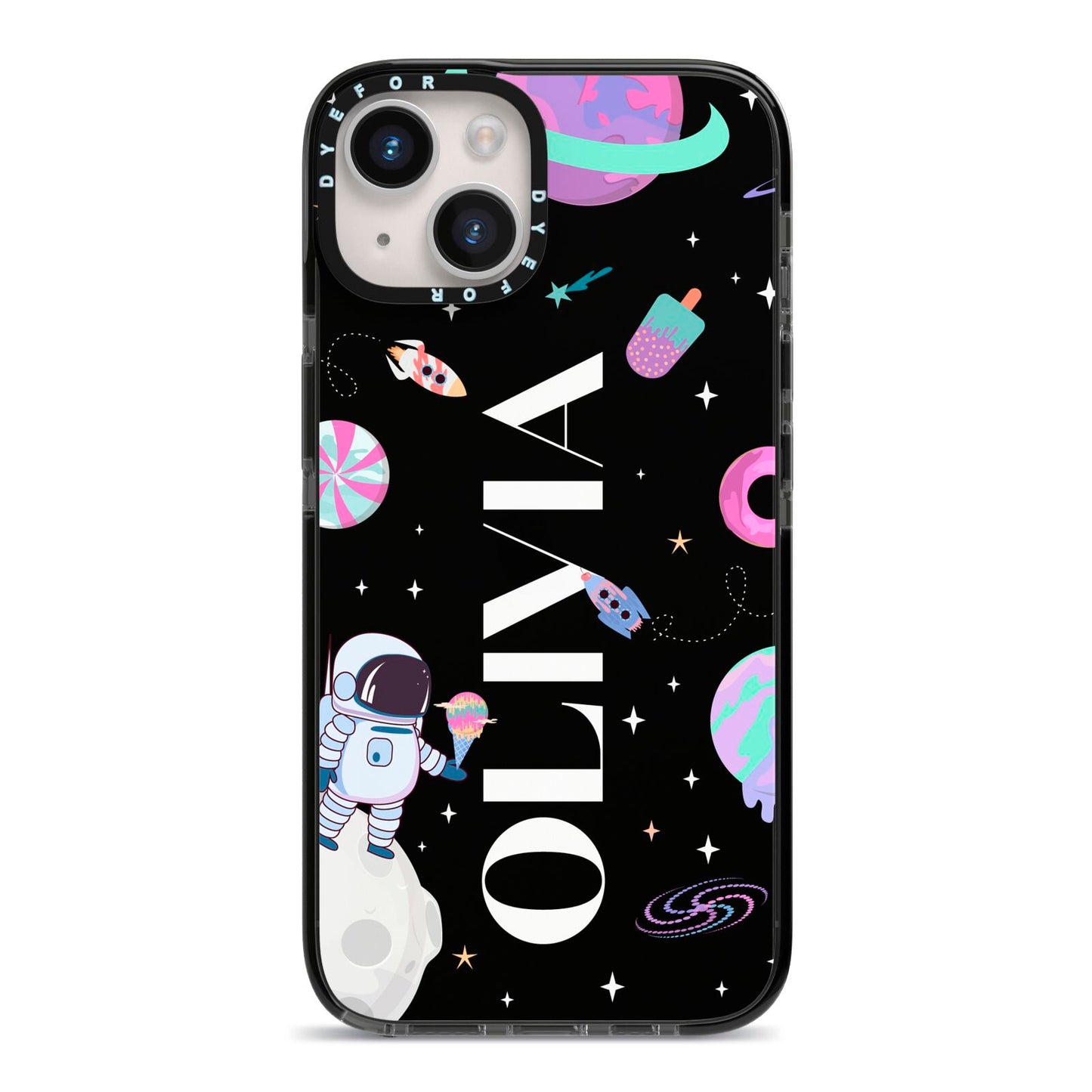 Sweet Treats in Space with Name iPhone 14 Black Impact Case on Silver phone