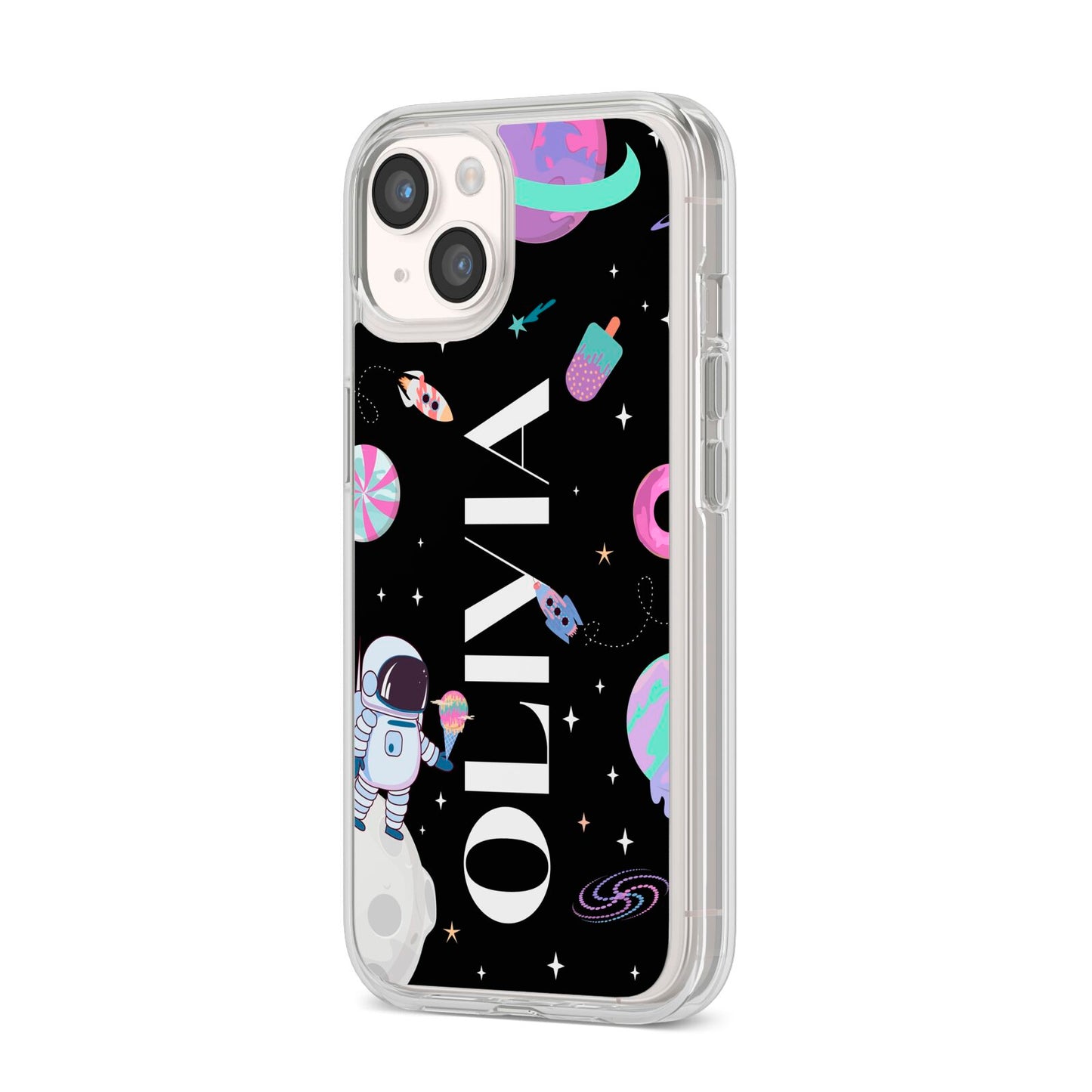 Sweet Treats in Space with Name iPhone 14 Clear Tough Case Starlight Angled Image