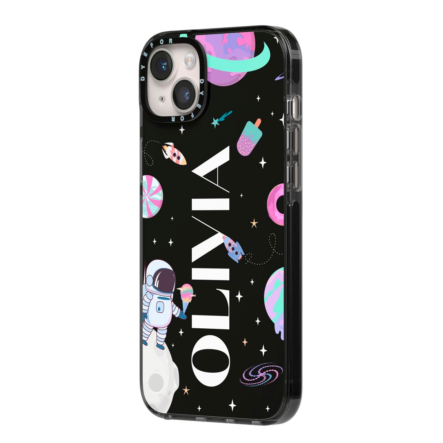 Sweet Treats in Space with Name iPhone 14 Plus Black Impact Case Side Angle on Silver phone