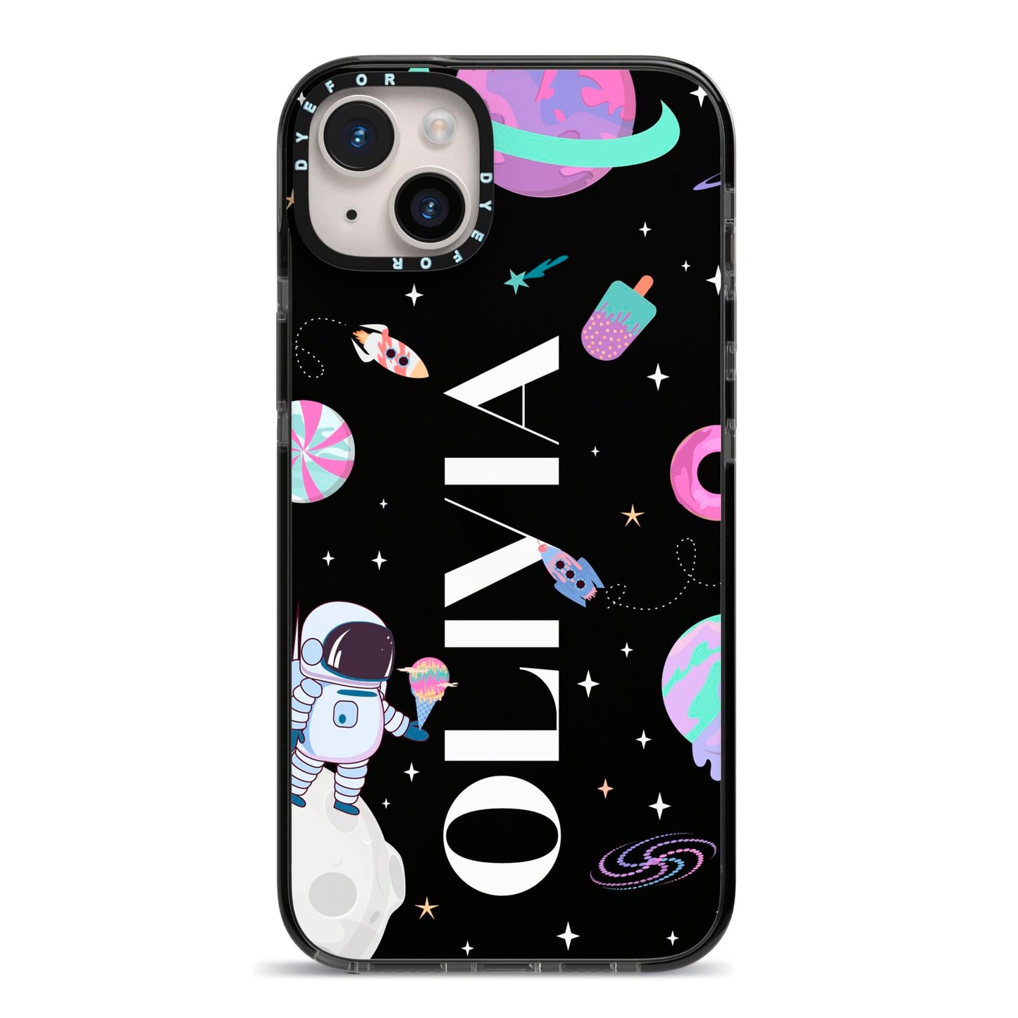 Sweet Treats in Space with Name iPhone 14 Plus Black Impact Case on Silver phone