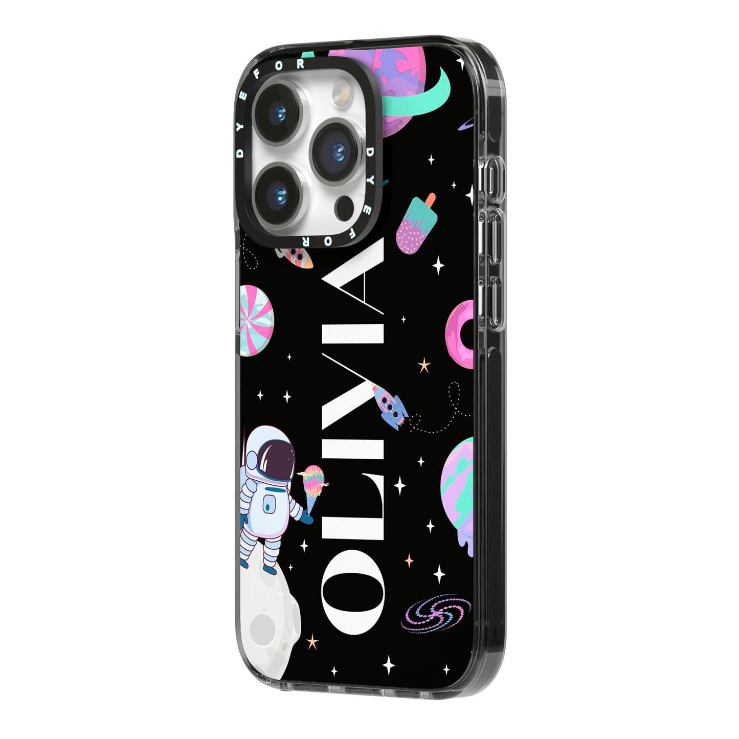 Sweet Treats in Space with Name iPhone 14 Pro Black Impact Case Side Angle on Silver phone