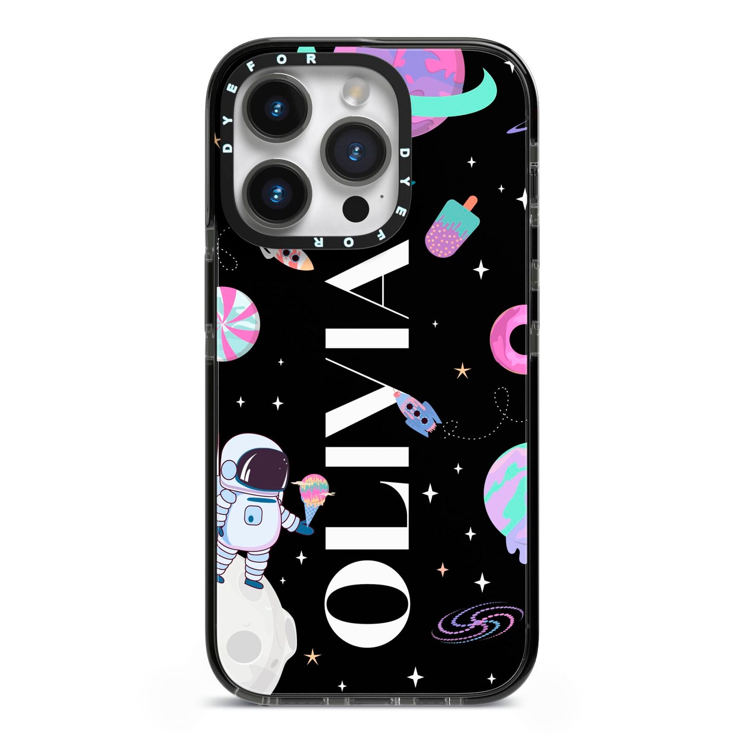 Sweet Treats in Space with Name iPhone 14 Pro Black Impact Case on Silver phone