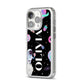 Sweet Treats in Space with Name iPhone 14 Pro Clear Tough Case Silver Angled Image