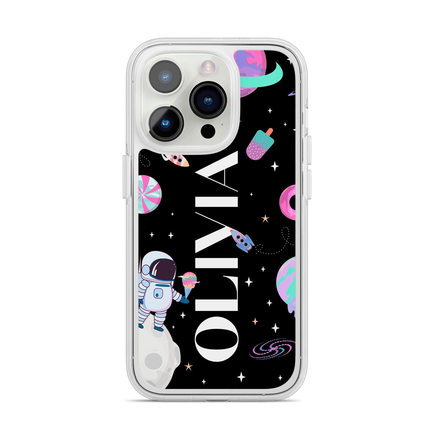 Sweet Treats in Space with Name iPhone 14 Pro Clear Tough Case Silver