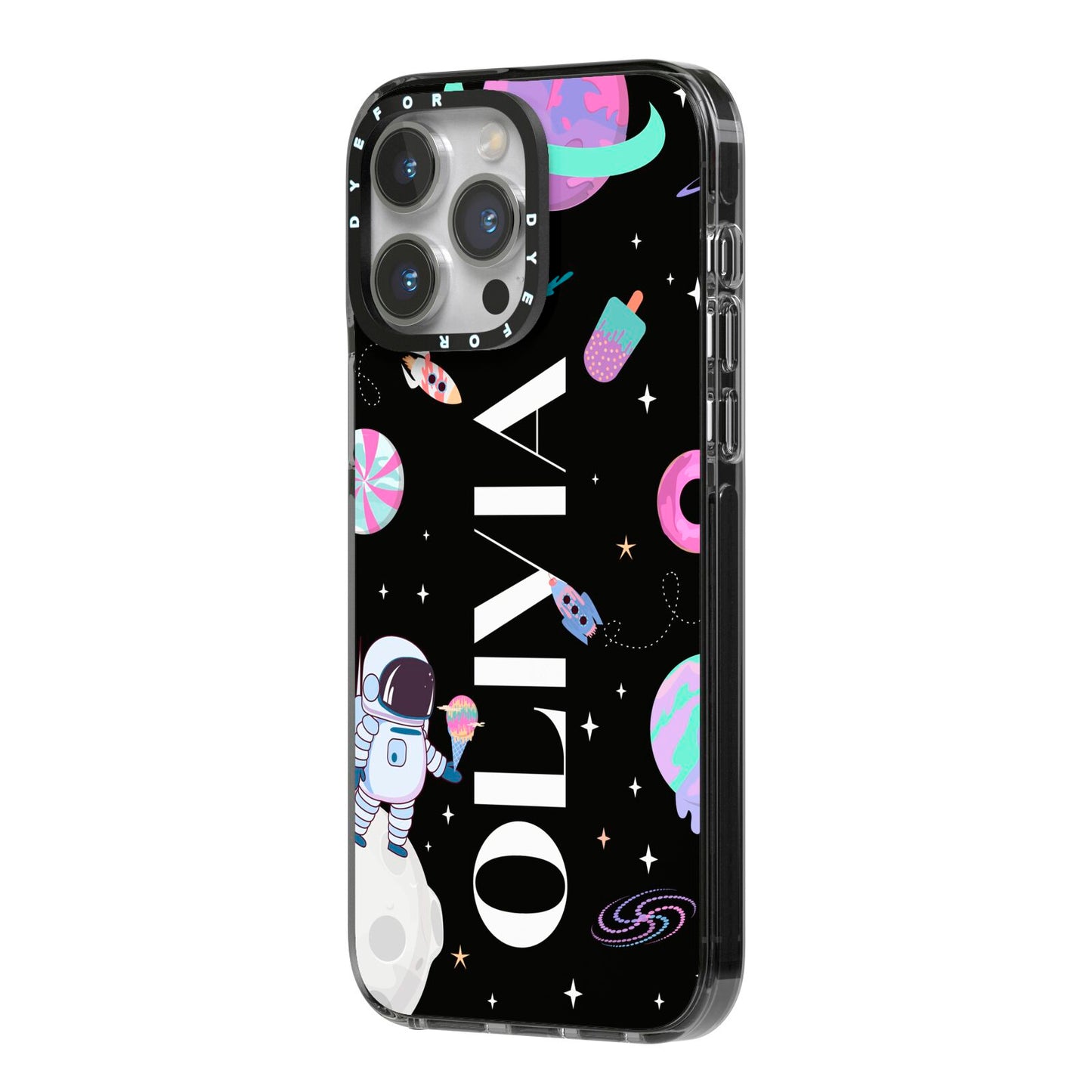 Sweet Treats in Space with Name iPhone 14 Pro Max Black Impact Case Side Angle on Silver phone