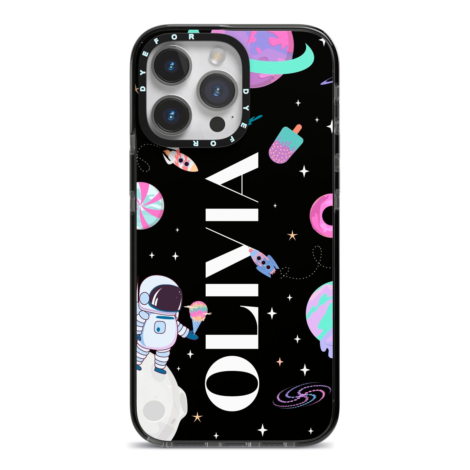 Sweet Treats in Space with Name iPhone 14 Pro Max Black Impact Case on Silver phone
