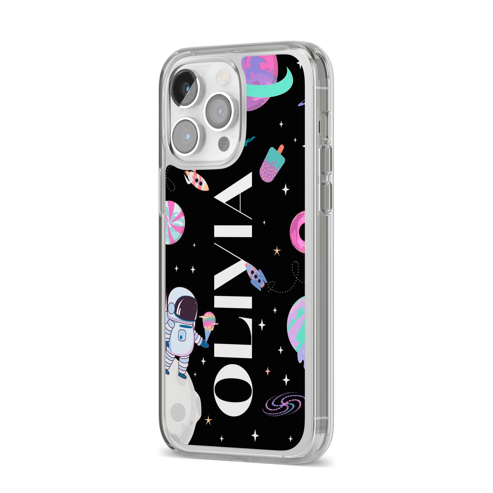 Sweet Treats in Space with Name iPhone 14 Pro Max Clear Tough Case Silver Angled Image