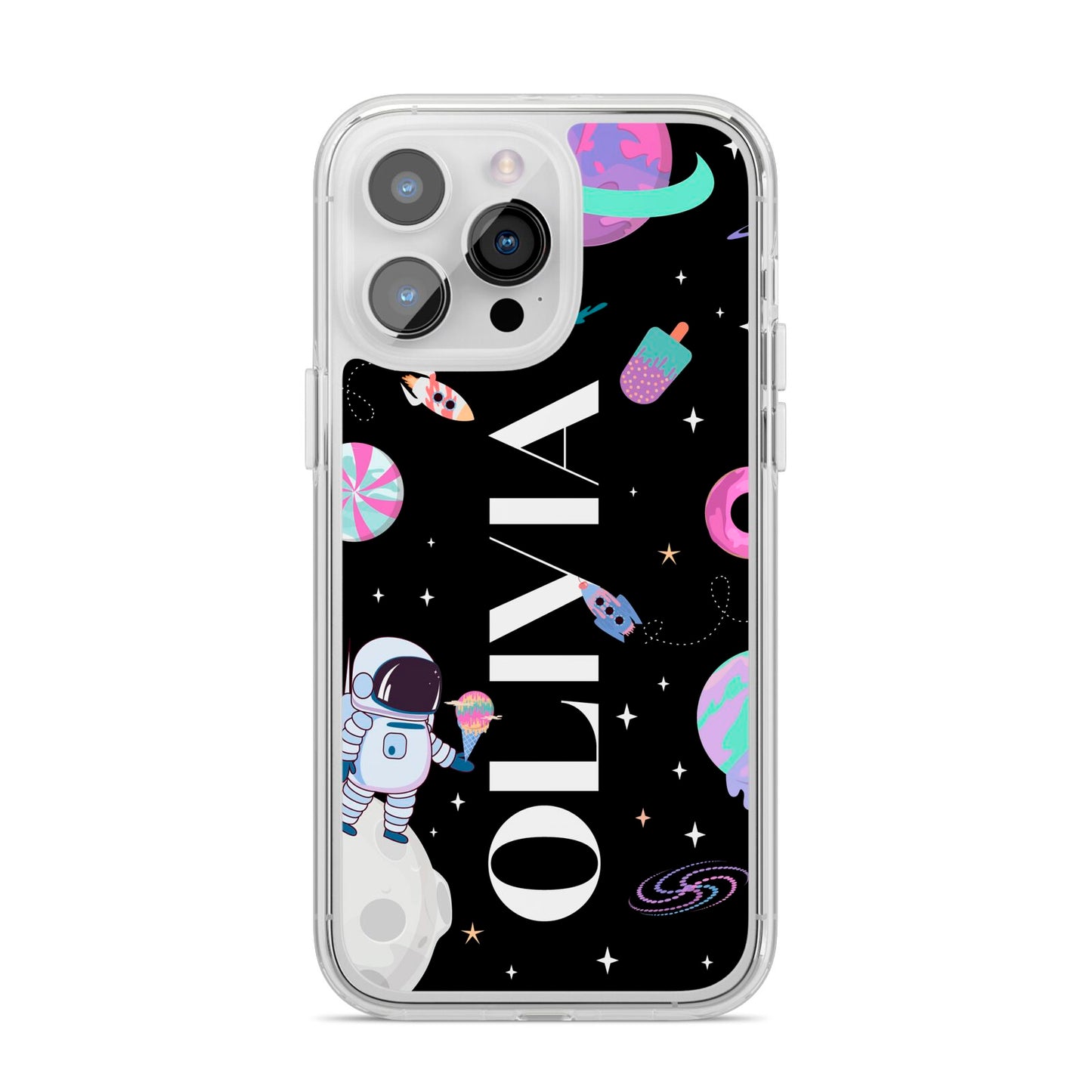Sweet Treats in Space with Name iPhone 14 Pro Max Clear Tough Case Silver