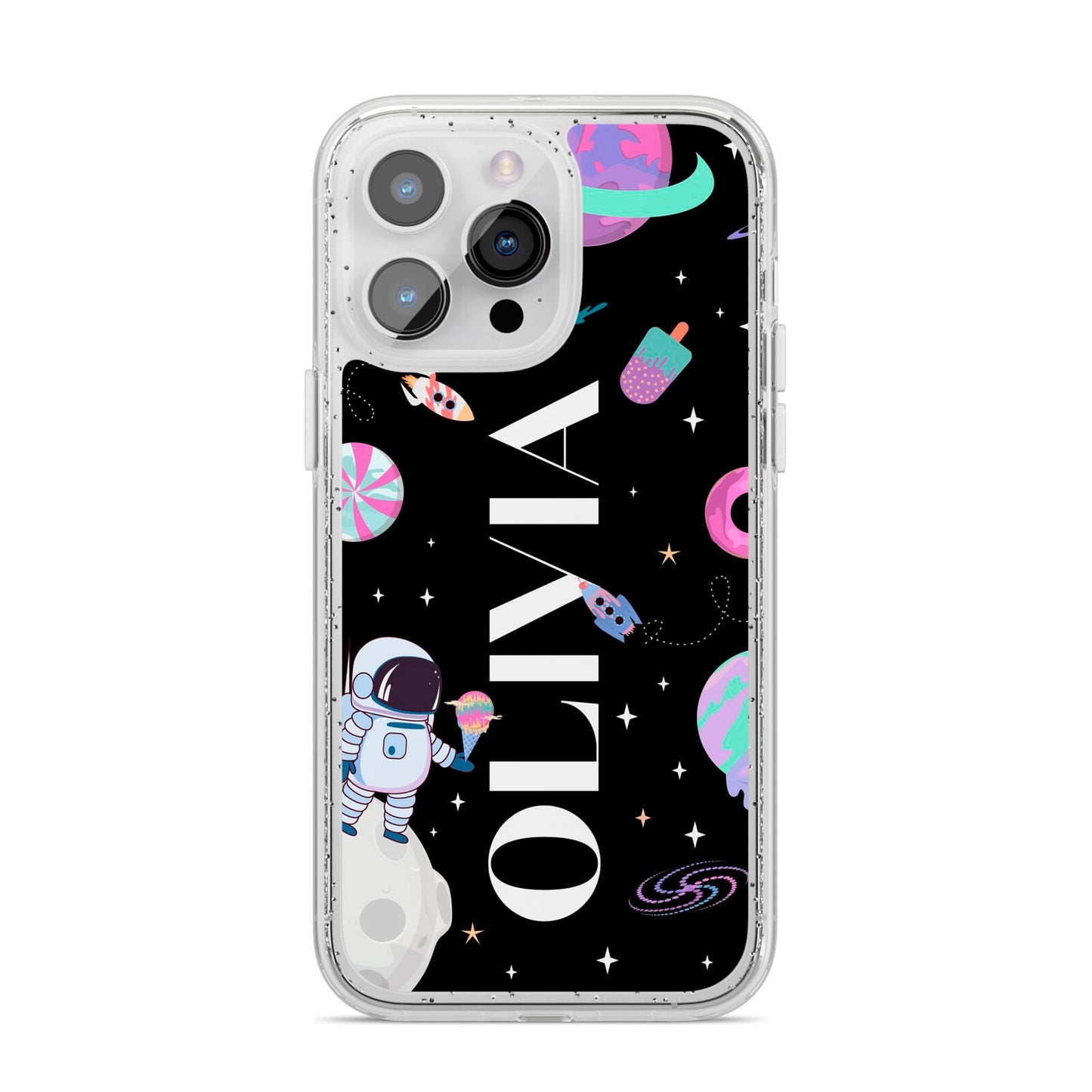 Sweet Treats in Space with Name iPhone 14 Pro Max Glitter Tough Case Silver