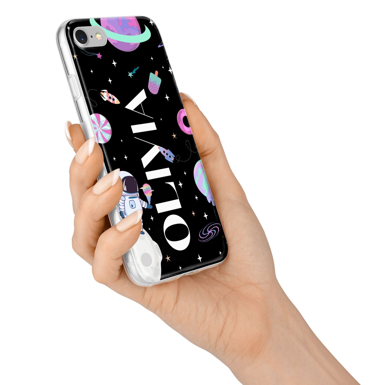 Sweet Treats in Space with Name iPhone 7 Bumper Case on Silver iPhone Alternative Image