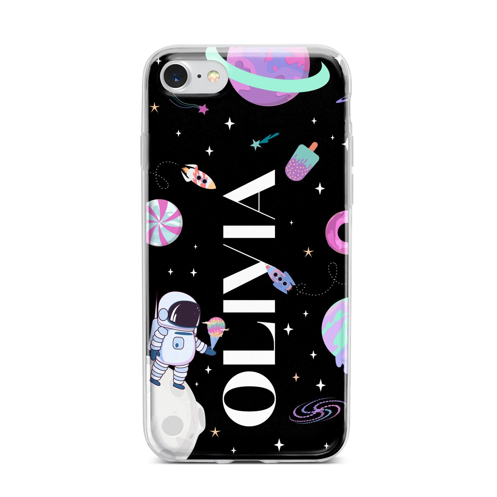 Sweet Treats in Space with Name iPhone 7 Bumper Case on Silver iPhone