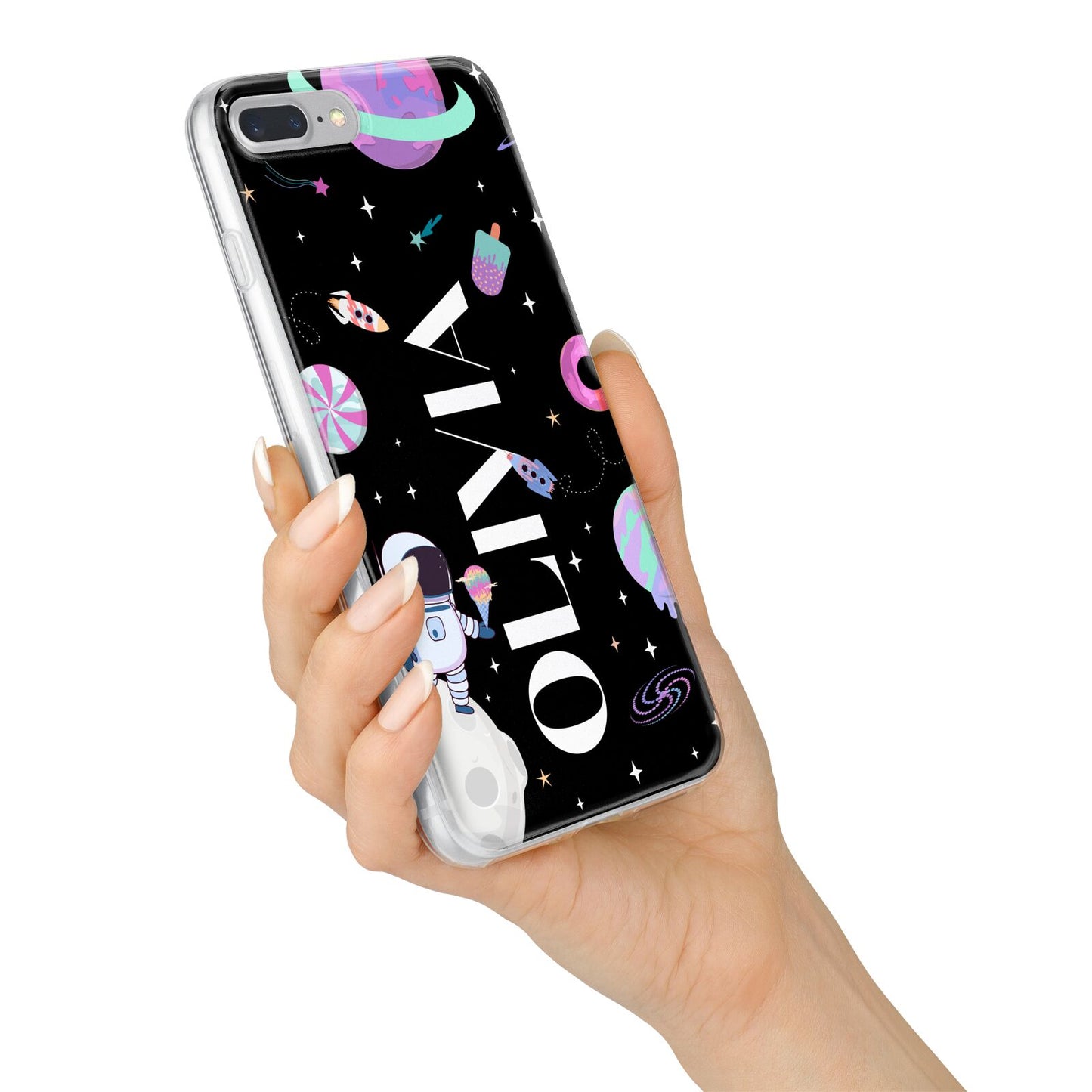 Sweet Treats in Space with Name iPhone 7 Plus Bumper Case on Silver iPhone Alternative Image