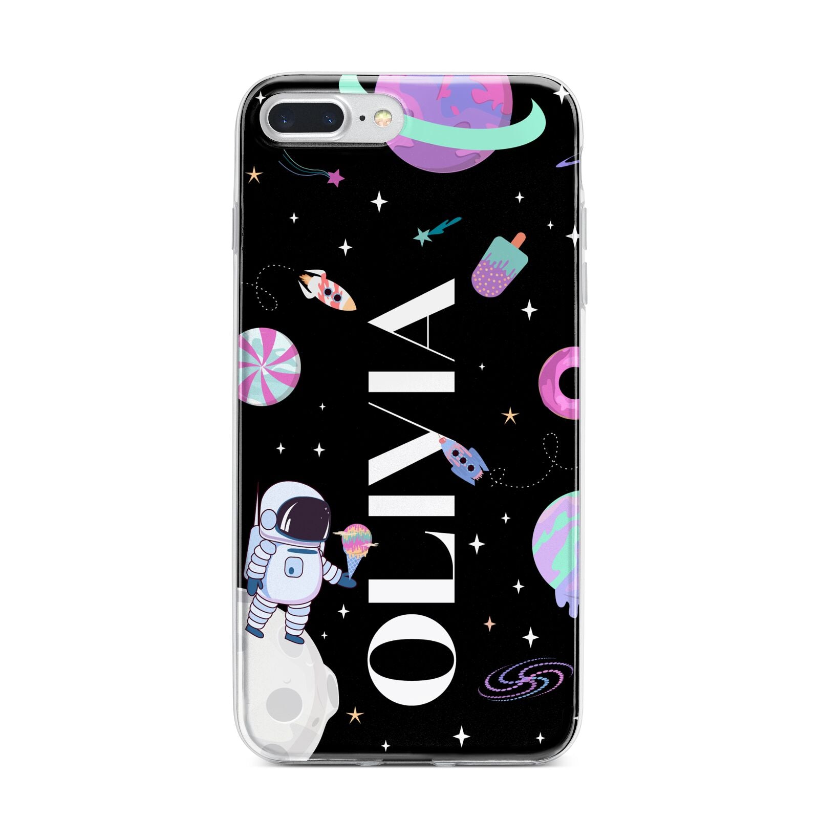Sweet Treats in Space with Name iPhone 7 Plus Bumper Case on Silver iPhone
