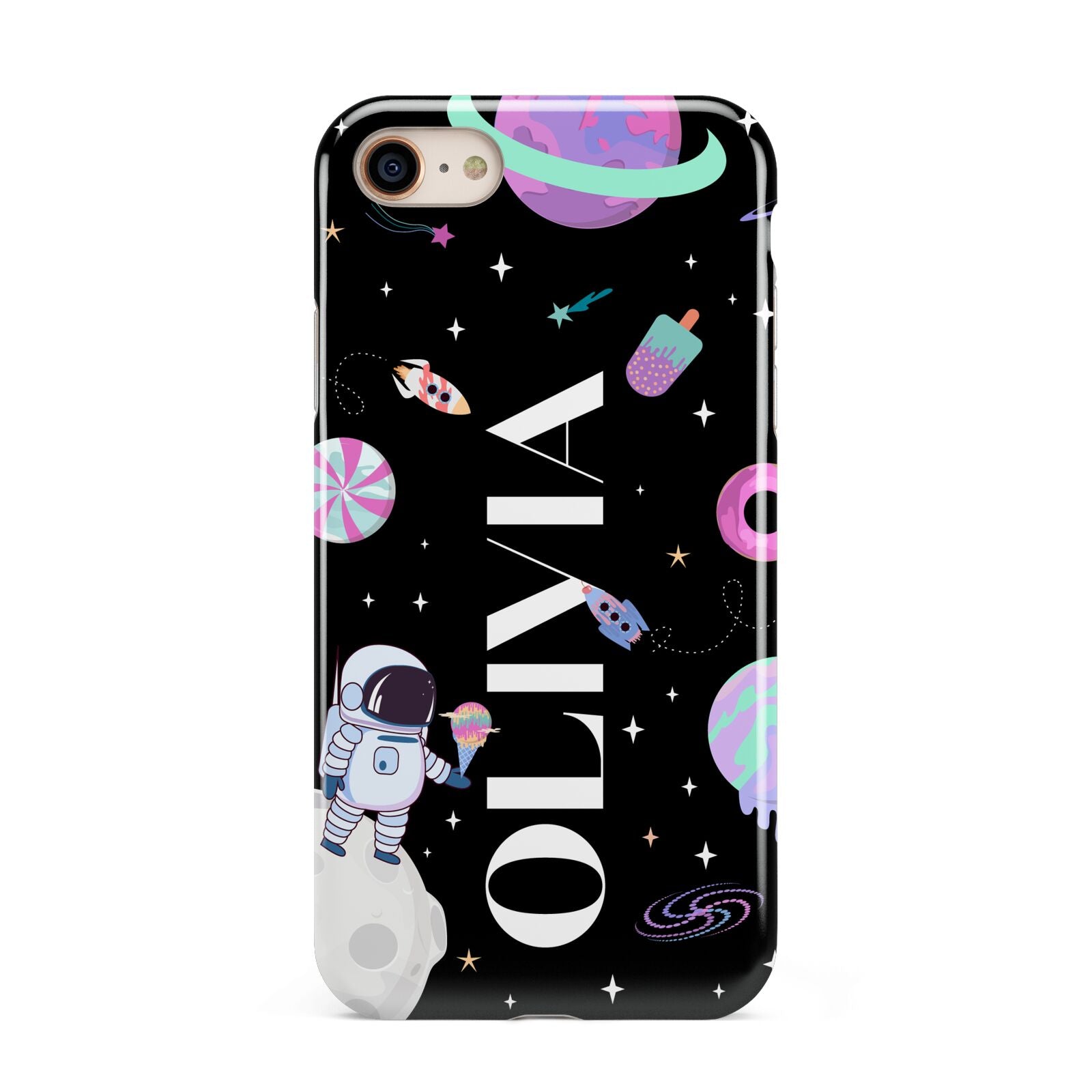 Sweet Treats in Space with Name iPhone 8 3D Tough Case on Gold Phone