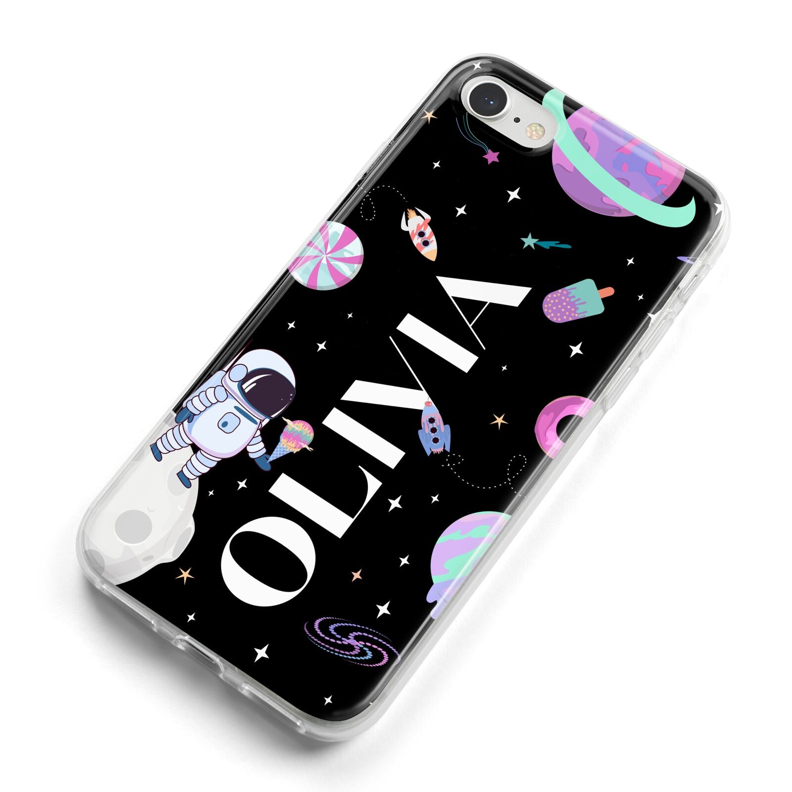 Sweet Treats in Space with Name iPhone 8 Bumper Case on Silver iPhone Alternative Image