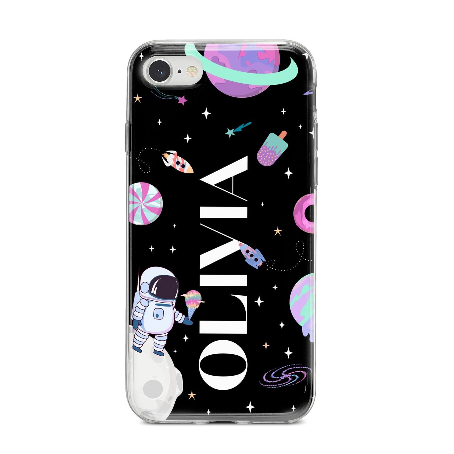 Sweet Treats in Space with Name iPhone 8 Bumper Case on Silver iPhone