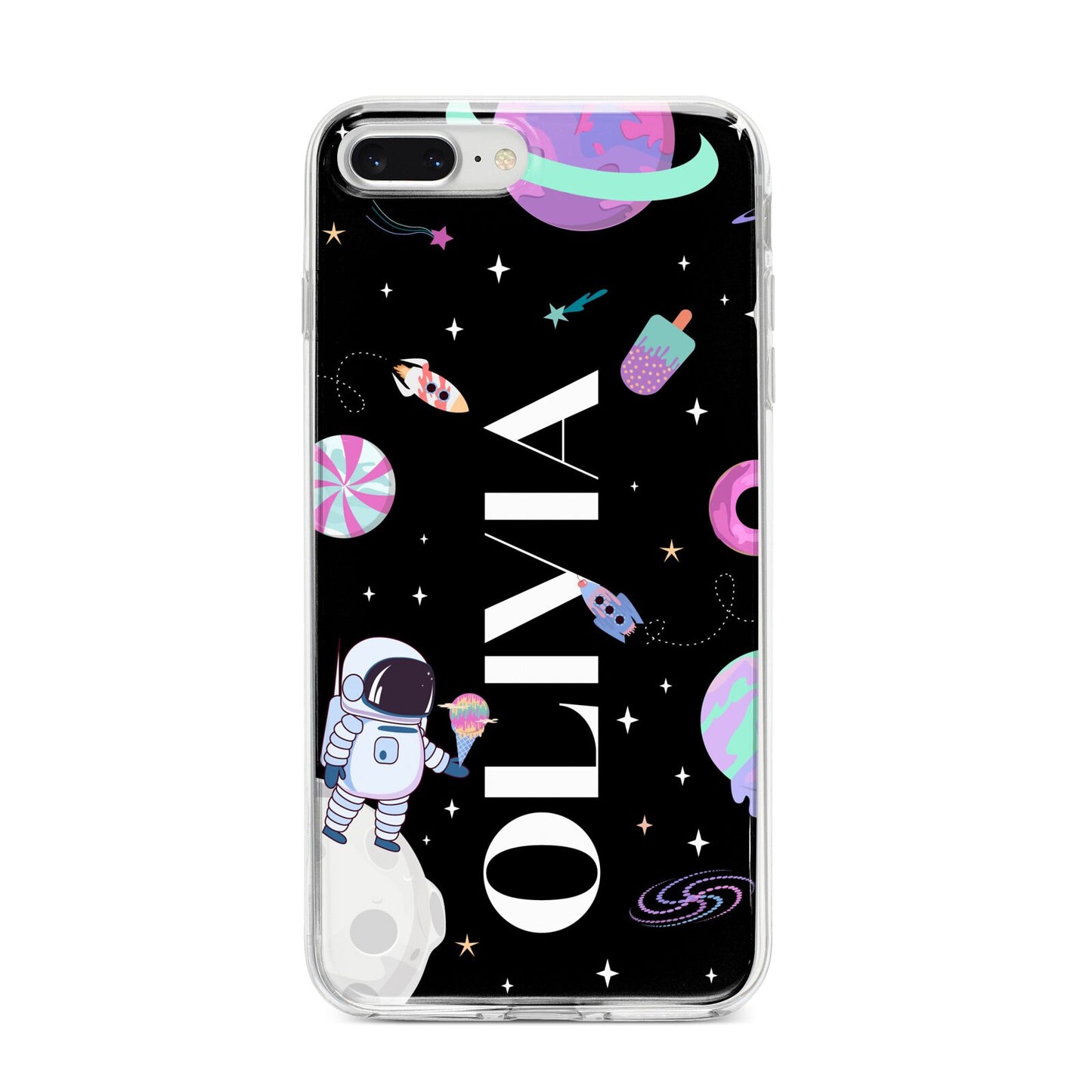 Sweet Treats in Space with Name iPhone 8 Plus Bumper Case on Silver iPhone