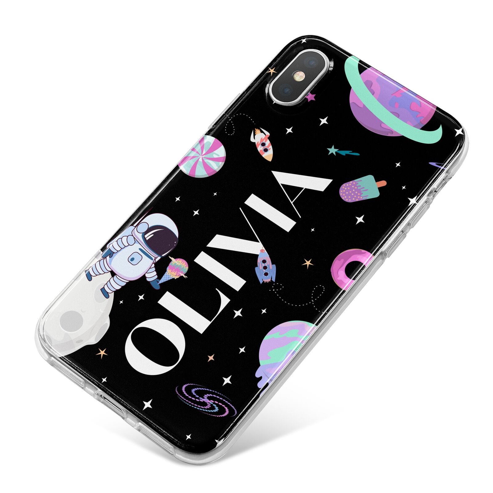 Sweet Treats in Space with Name iPhone X Bumper Case on Silver iPhone