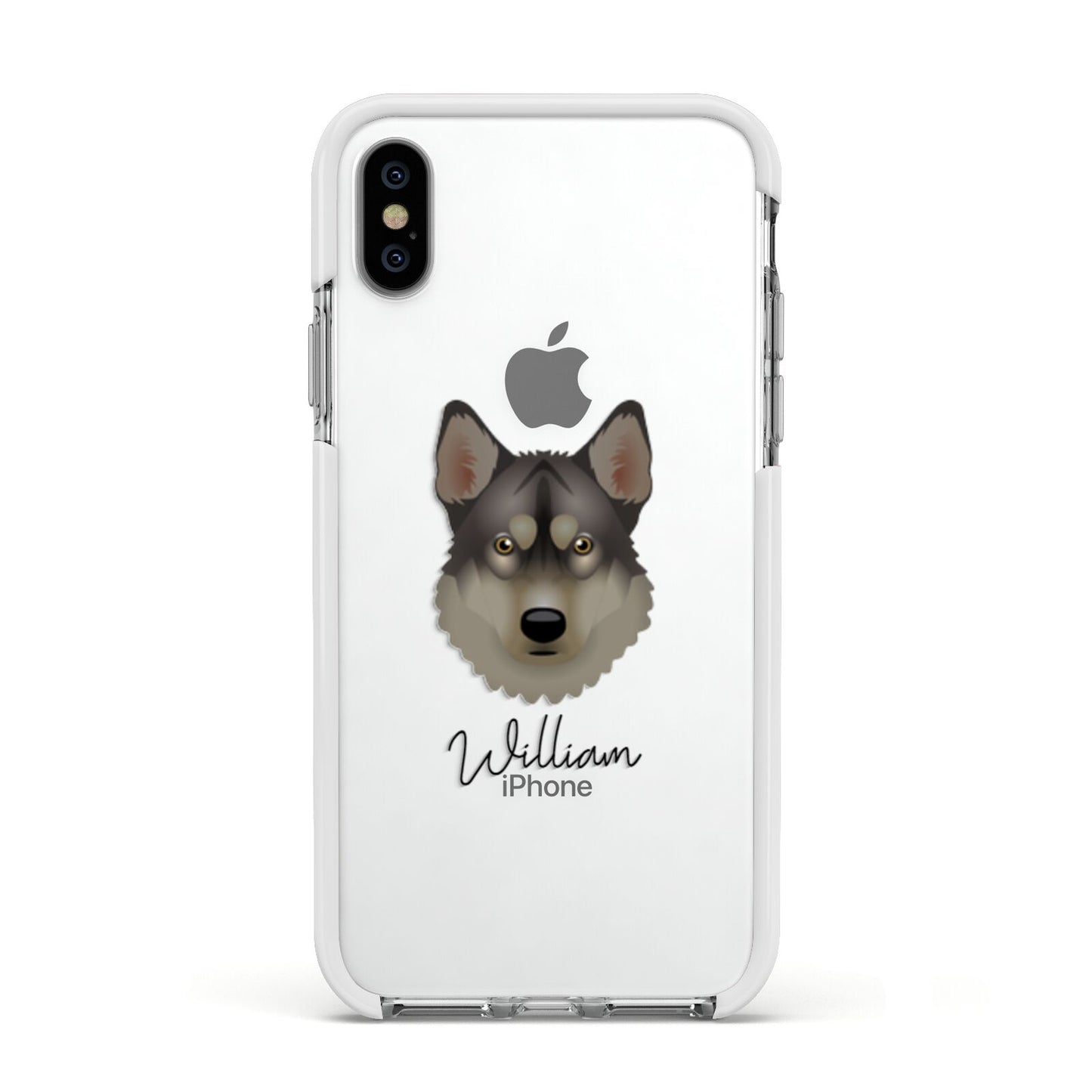 Tamaskan Personalised Apple iPhone Xs Impact Case White Edge on Silver Phone