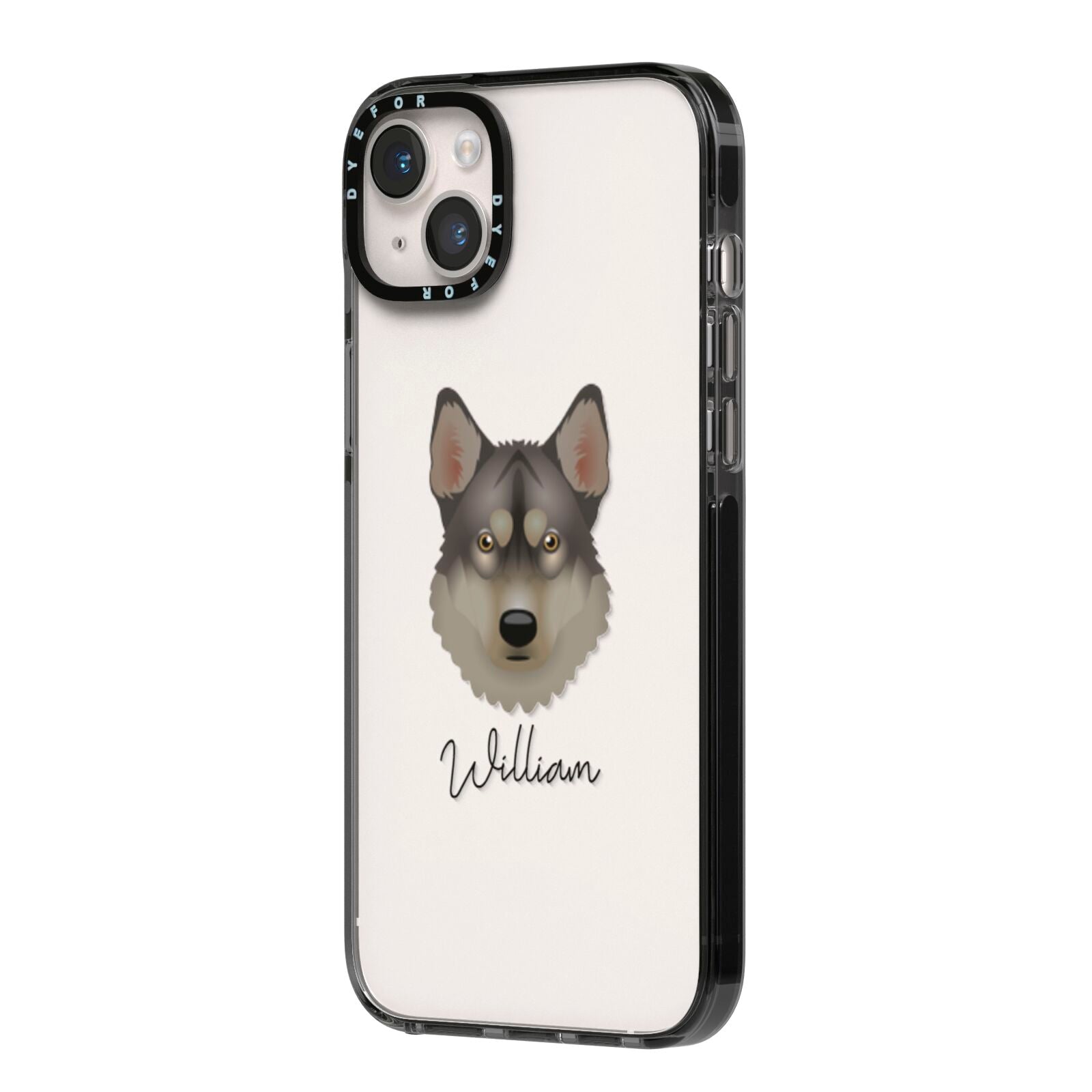 Tamaskan Personalised iPhone 14 Plus Black Impact Case Side Angle on Silver phone