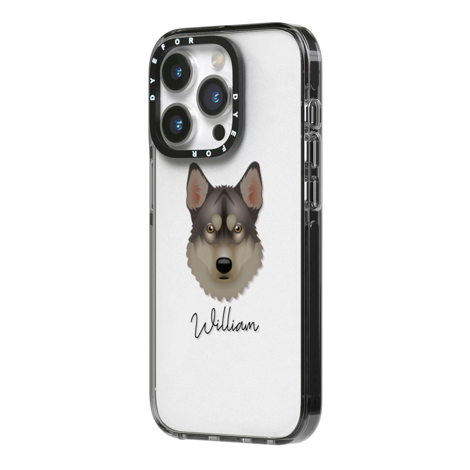 Tamaskan Personalised iPhone 14 Pro Black Impact Case Side Angle on Silver phone