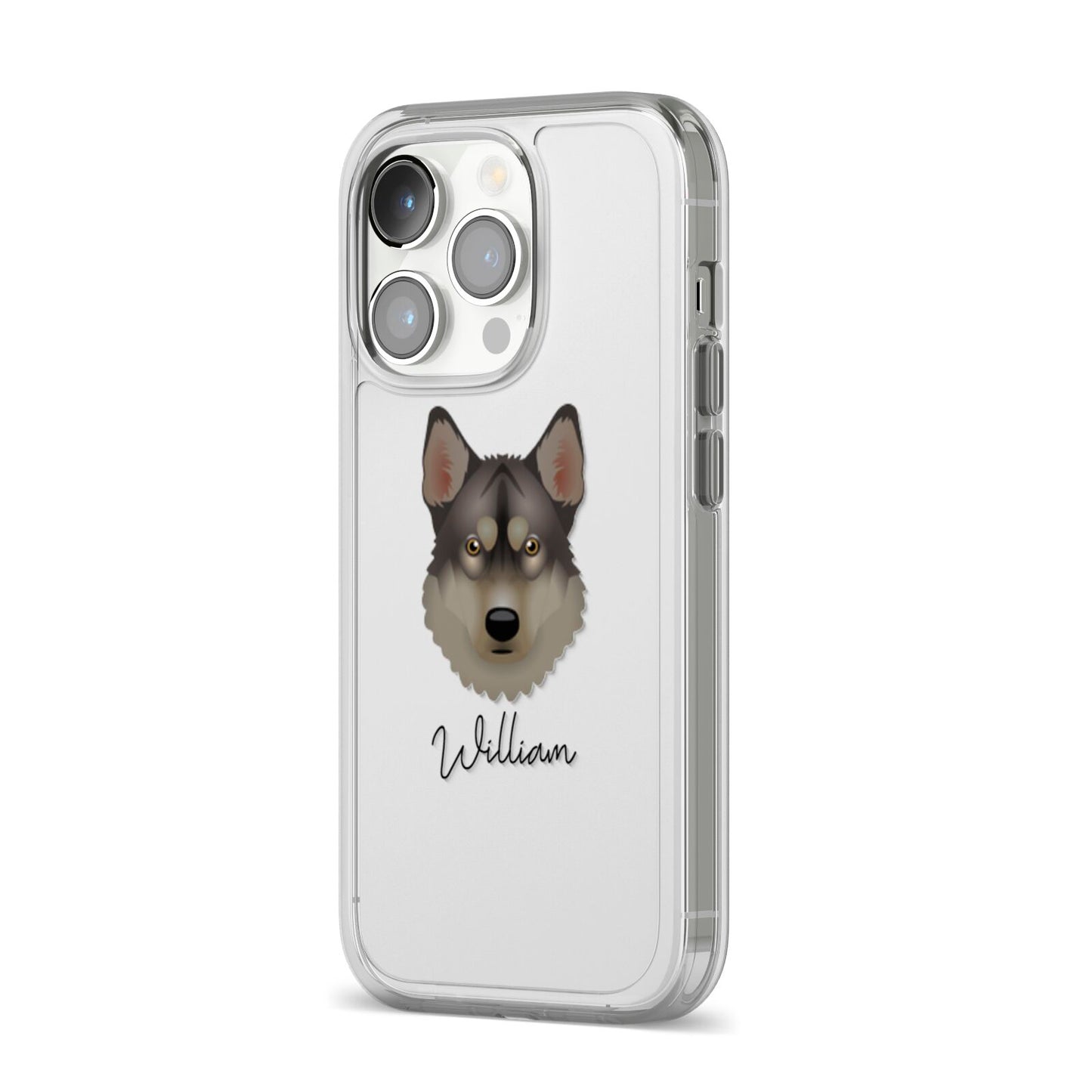 Tamaskan Personalised iPhone 14 Pro Clear Tough Case Silver Angled Image
