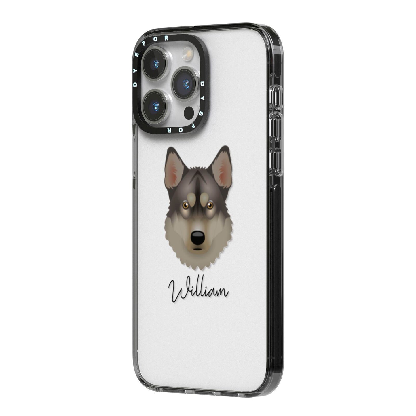 Tamaskan Personalised iPhone 14 Pro Max Black Impact Case Side Angle on Silver phone