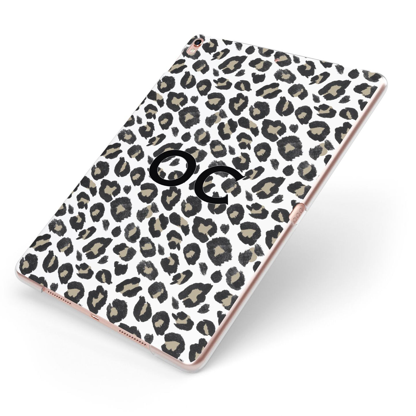 Tan Leopard Print Pattern Apple iPad Case on Rose Gold iPad Side View