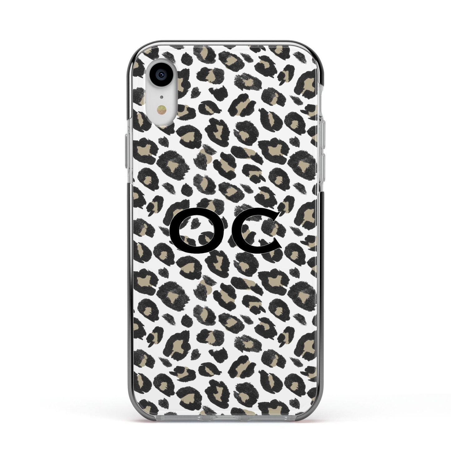 Tan Leopard Print Pattern Apple iPhone XR Impact Case Black Edge on Silver Phone
