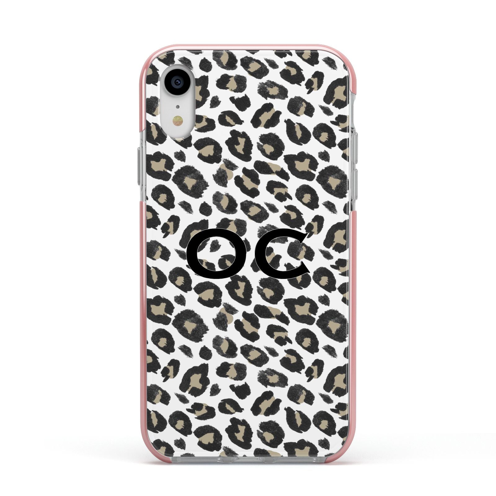 Tan Leopard Print Pattern Apple iPhone XR Impact Case Pink Edge on Silver Phone