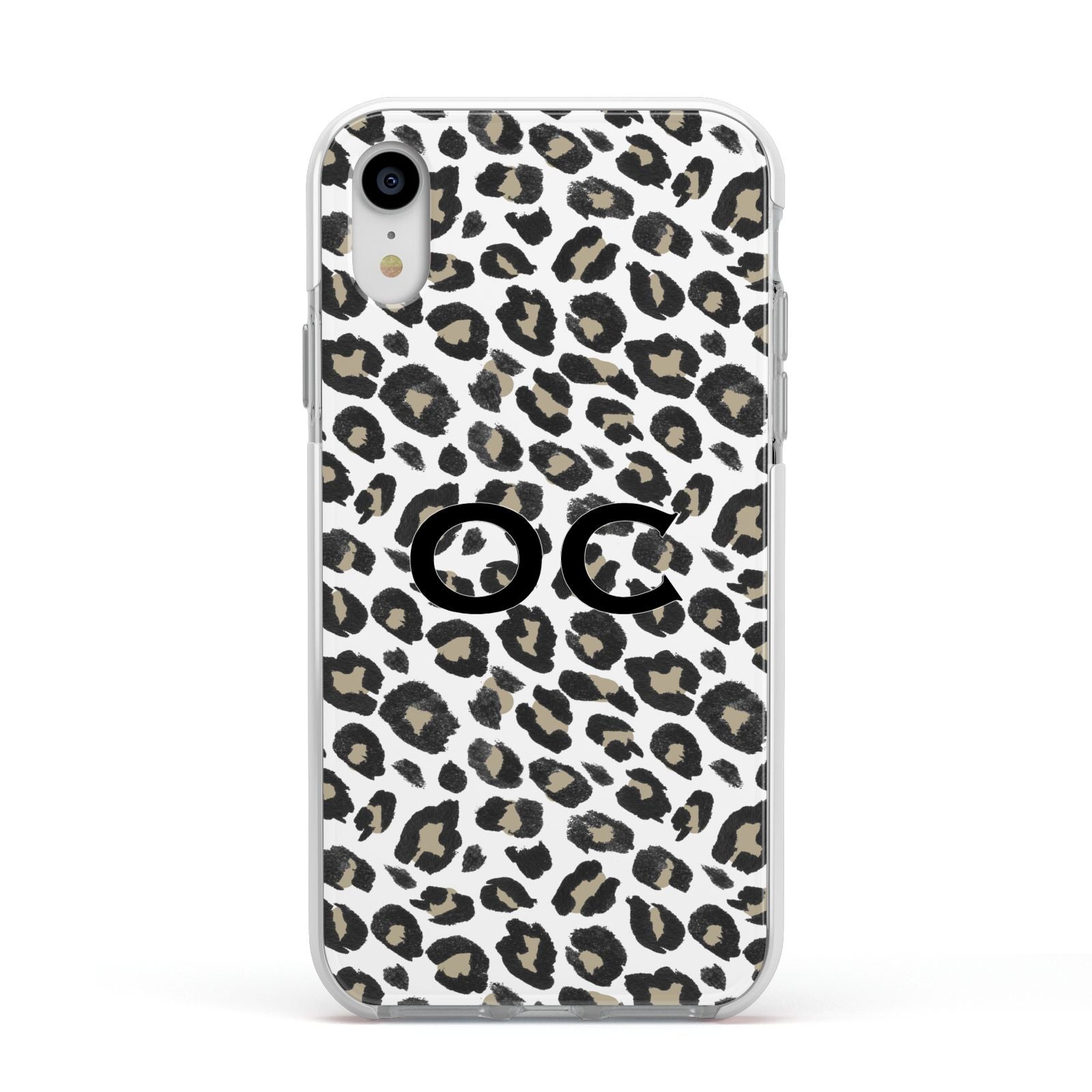Tan Leopard Print Pattern Apple iPhone XR Impact Case White Edge on Silver Phone