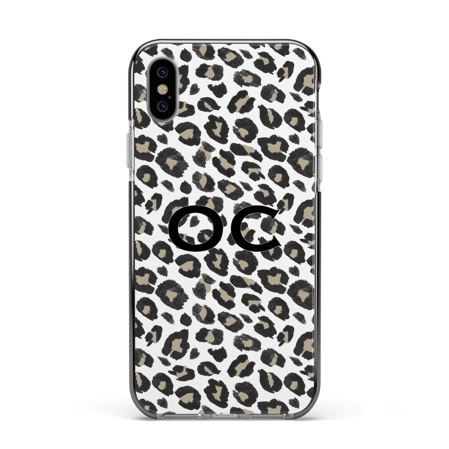 Tan Leopard Print Pattern Apple iPhone Xs Impact Case Black Edge on Silver Phone