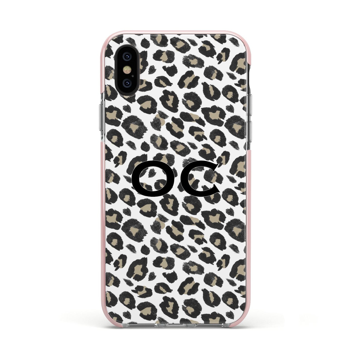 Tan Leopard Print Pattern Apple iPhone Xs Impact Case Pink Edge on Black Phone