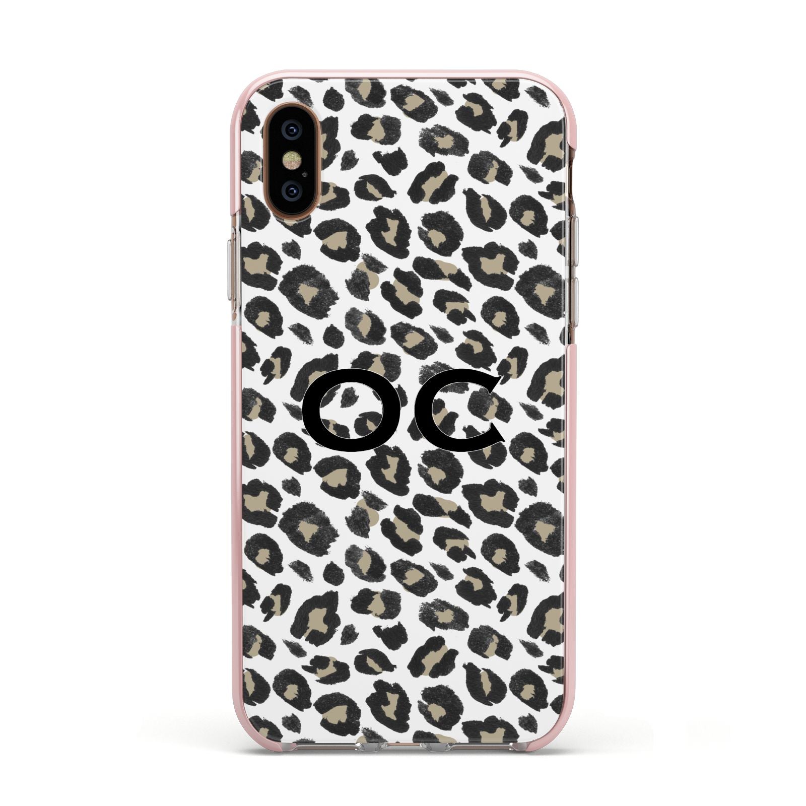 Tan Leopard Print Pattern Apple iPhone Xs Impact Case Pink Edge on Gold Phone