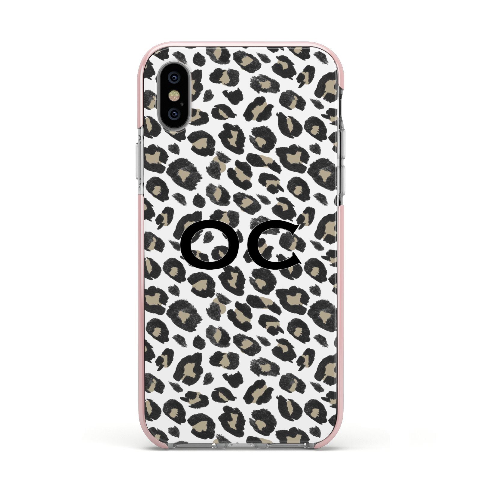 Tan Leopard Print Pattern Apple iPhone Xs Impact Case Pink Edge on Silver Phone