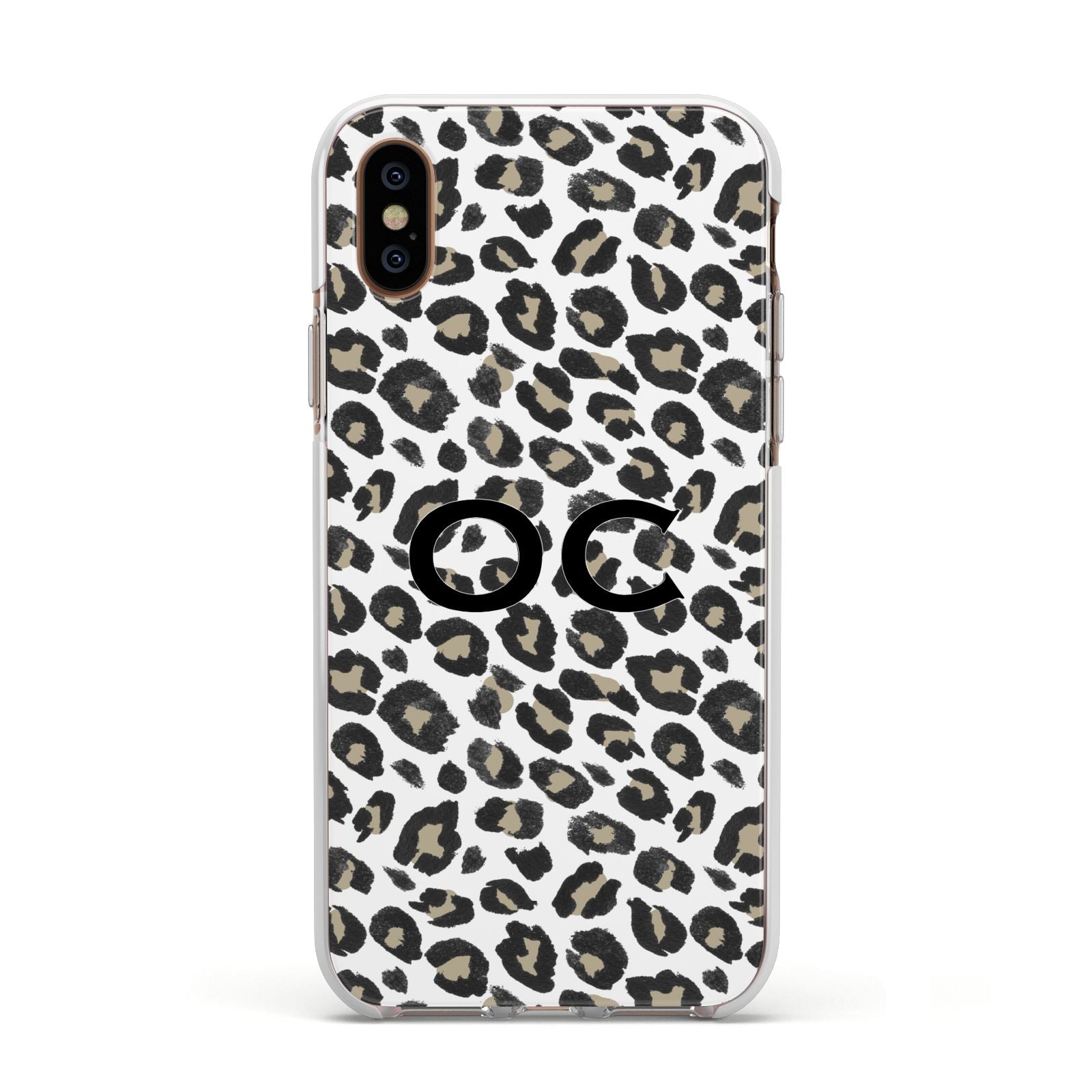 Tan Leopard Print Pattern Apple iPhone Xs Impact Case White Edge on Gold Phone