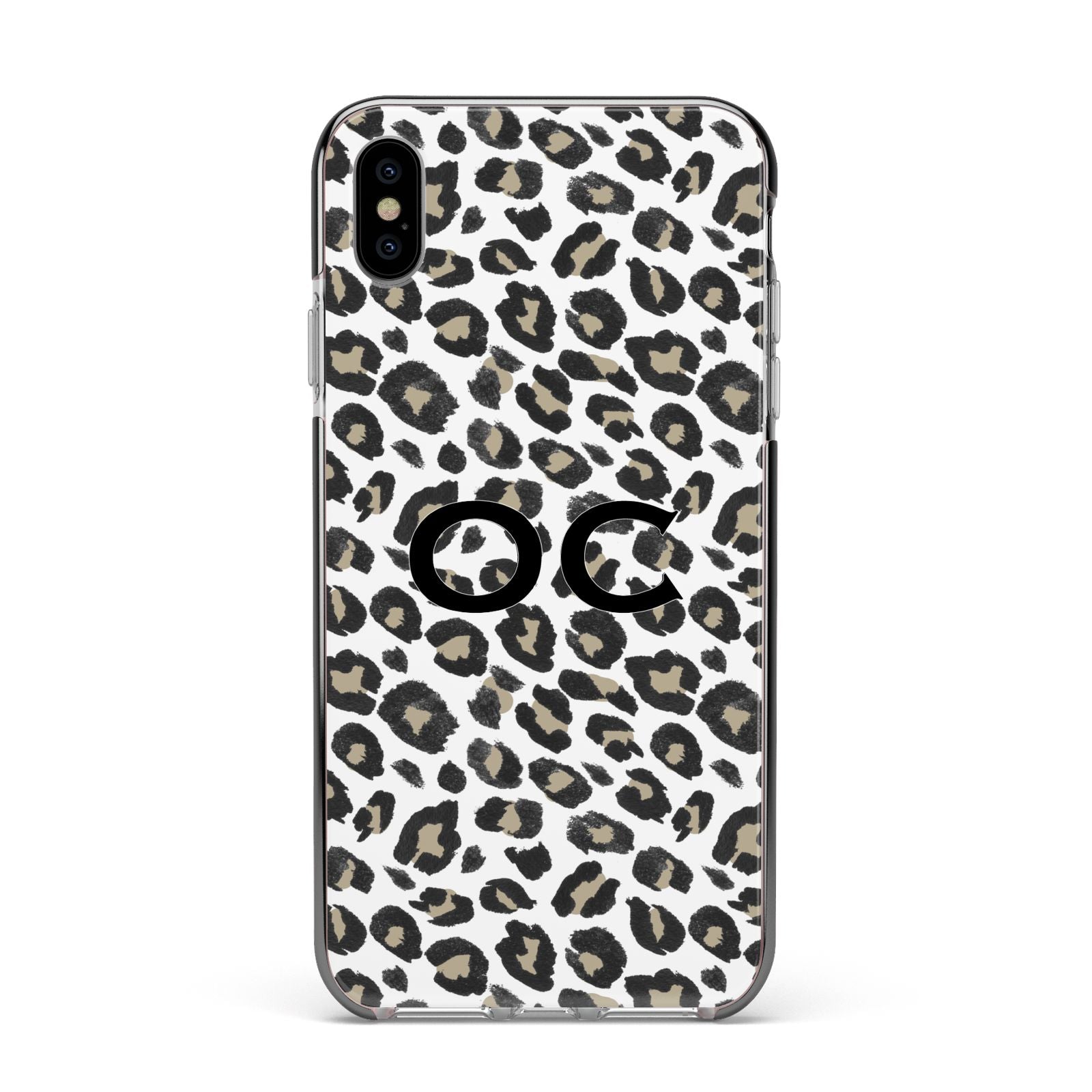 Tan Leopard Print Pattern Apple iPhone Xs Max Impact Case Black Edge on Silver Phone