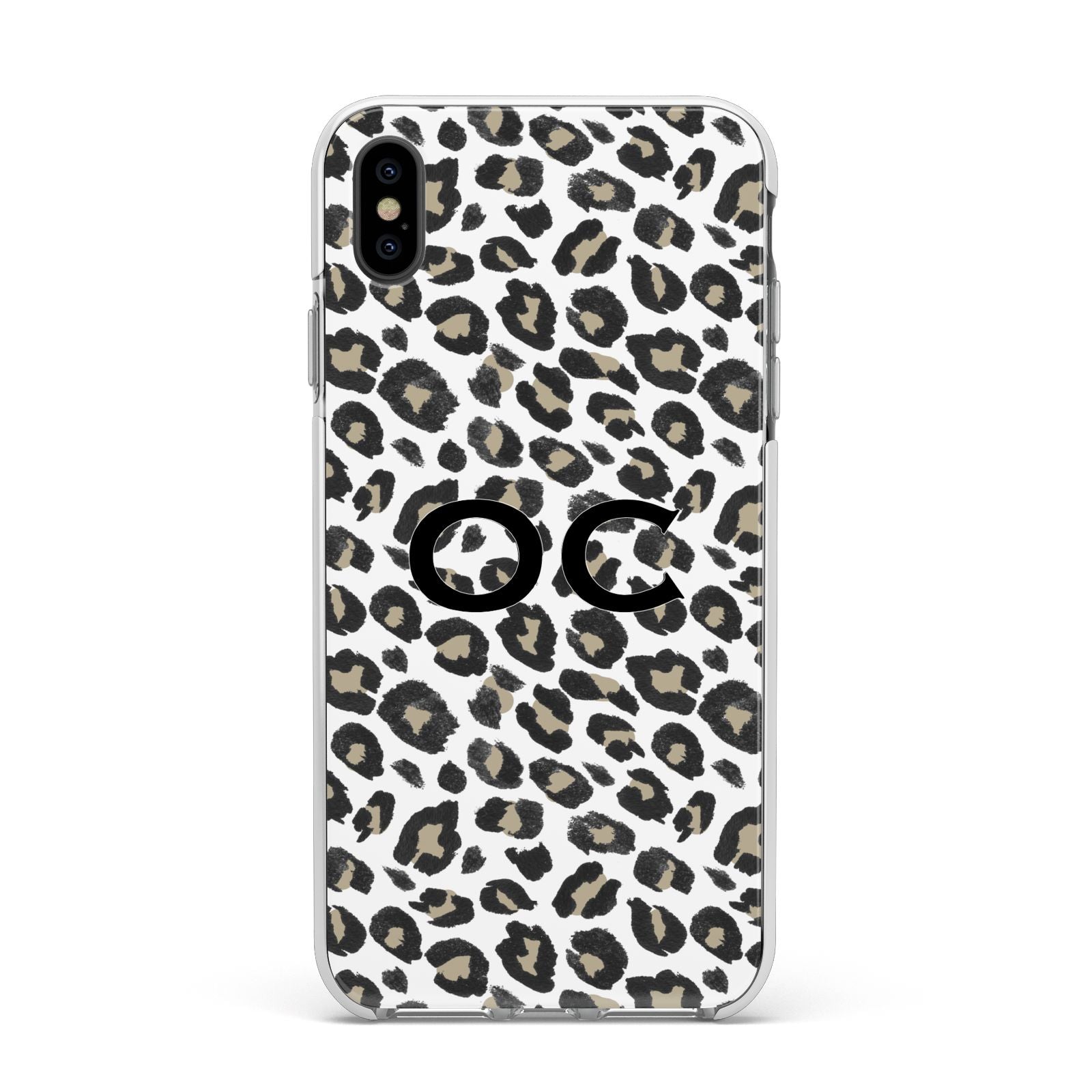 Tan Leopard Print Pattern Apple iPhone Xs Max Impact Case White Edge on Black Phone