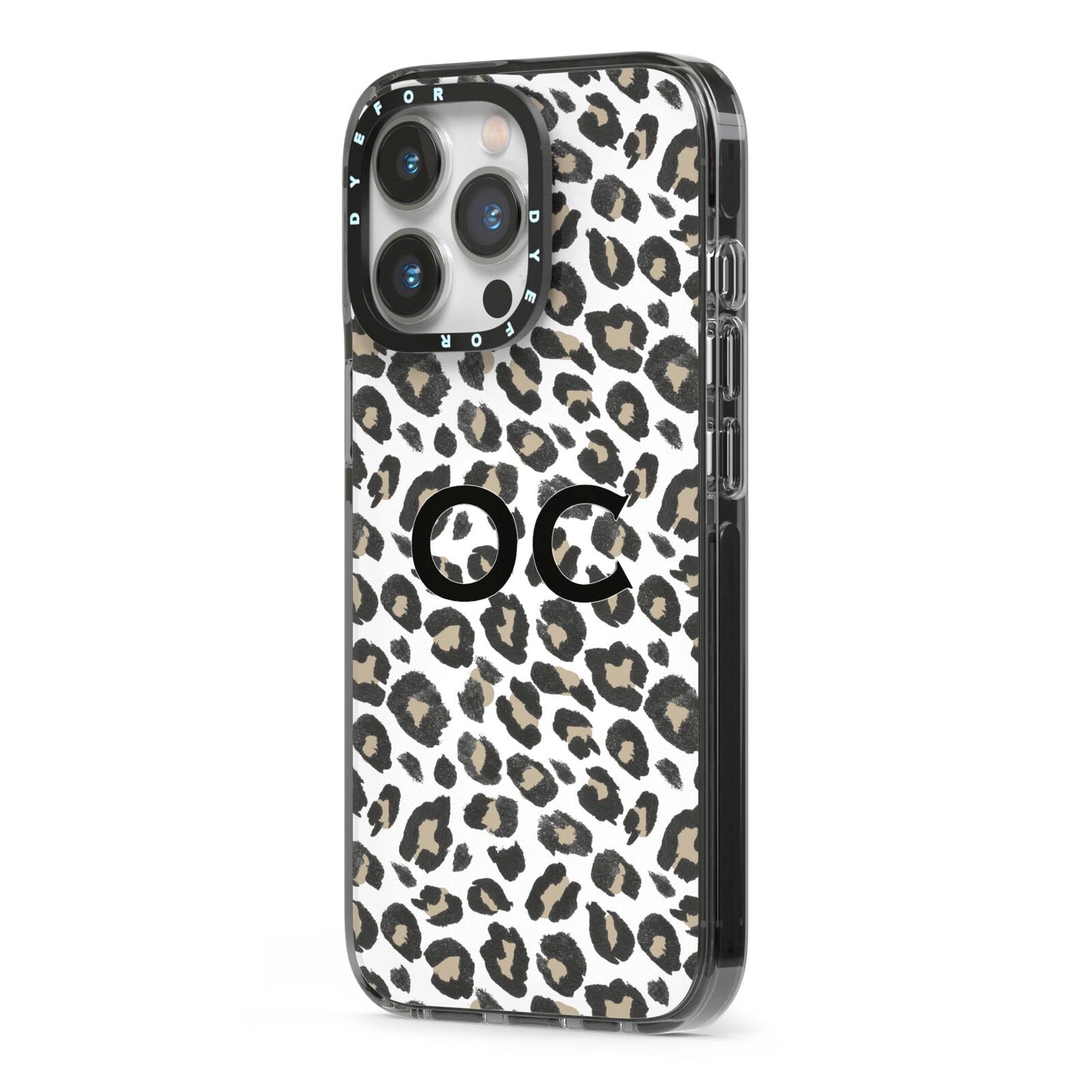 Tan Leopard Print Pattern iPhone 13 Pro Black Impact Case Side Angle on Silver phone