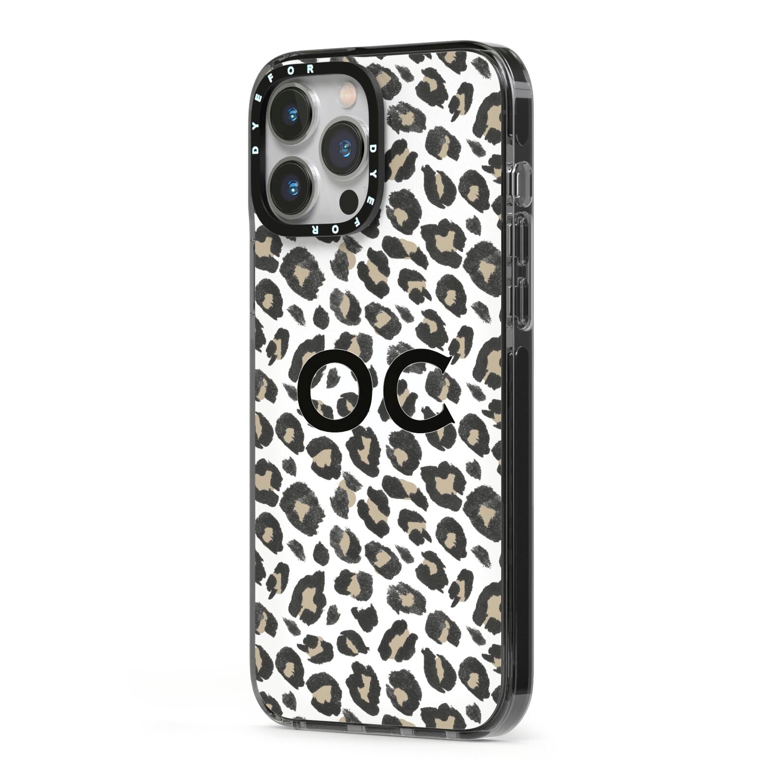 Tan Leopard Print Pattern iPhone 13 Pro Max Black Impact Case Side Angle on Silver phone