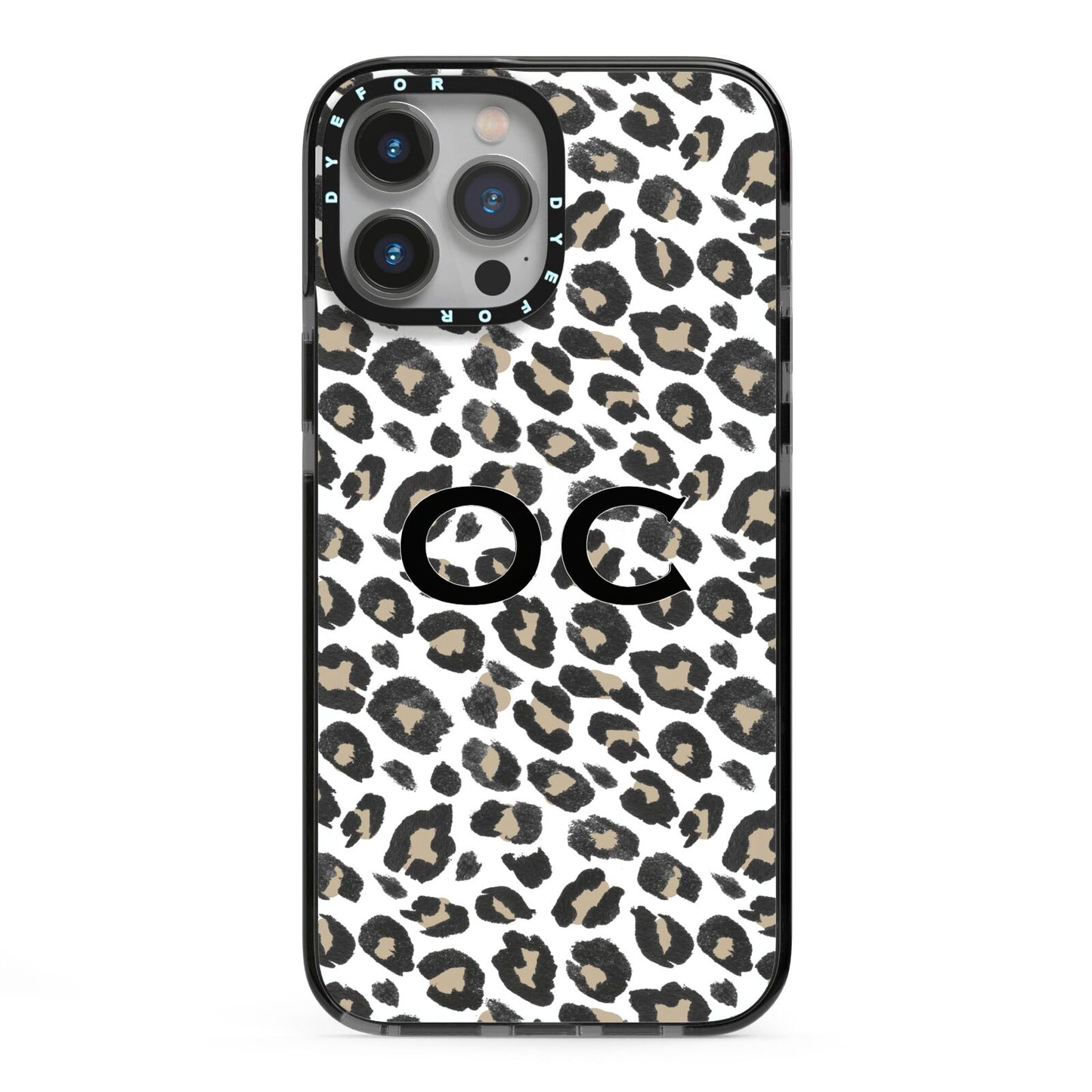 Tan Leopard Print Pattern iPhone 13 Pro Max Black Impact Case on Silver phone