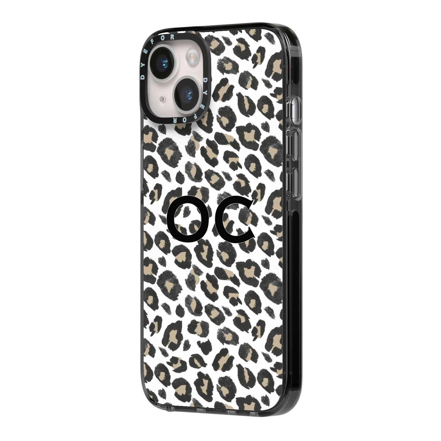 Tan Leopard Print Pattern iPhone 14 Black Impact Case Side Angle on Silver phone