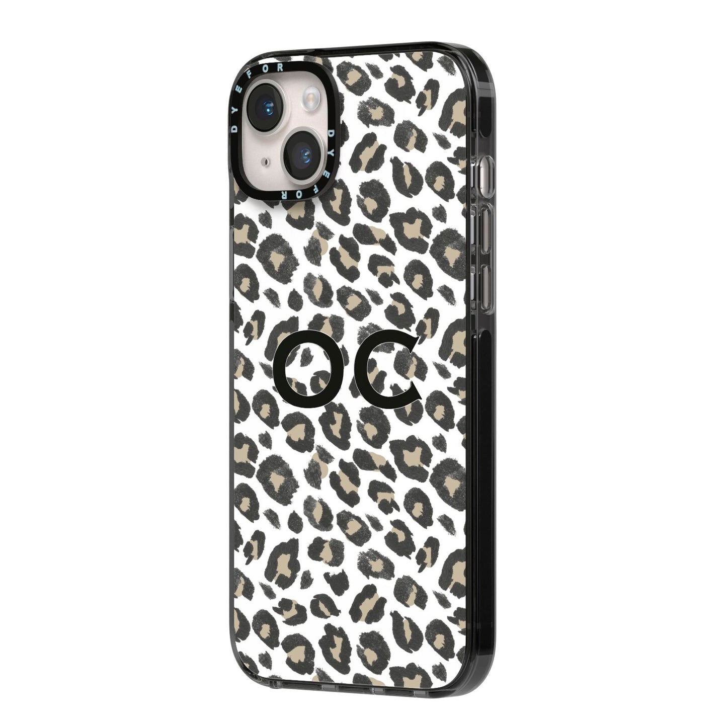 Tan Leopard Print Pattern iPhone 14 Plus Black Impact Case Side Angle on Silver phone