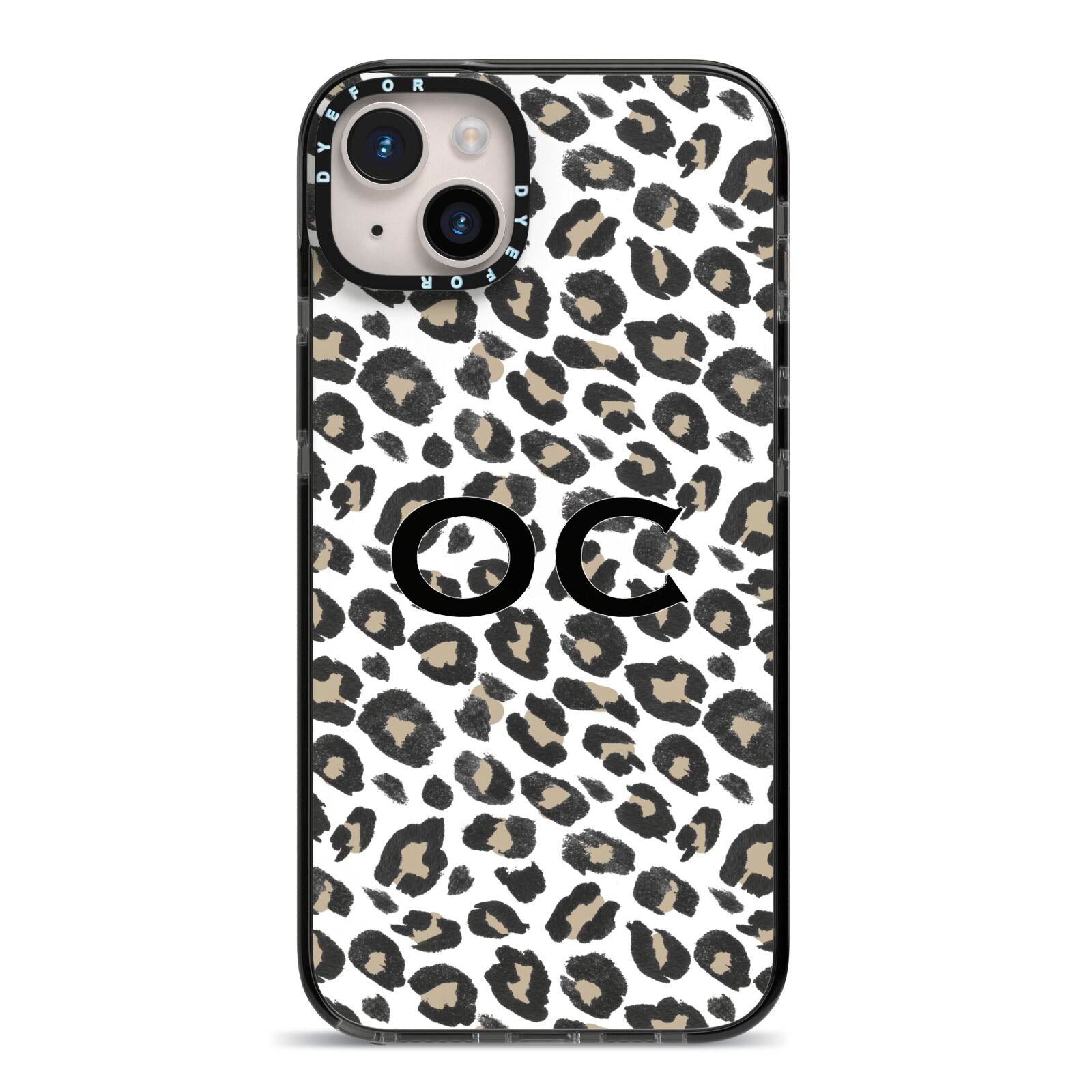 Tan Leopard Print Pattern iPhone 14 Plus Black Impact Case on Silver phone
