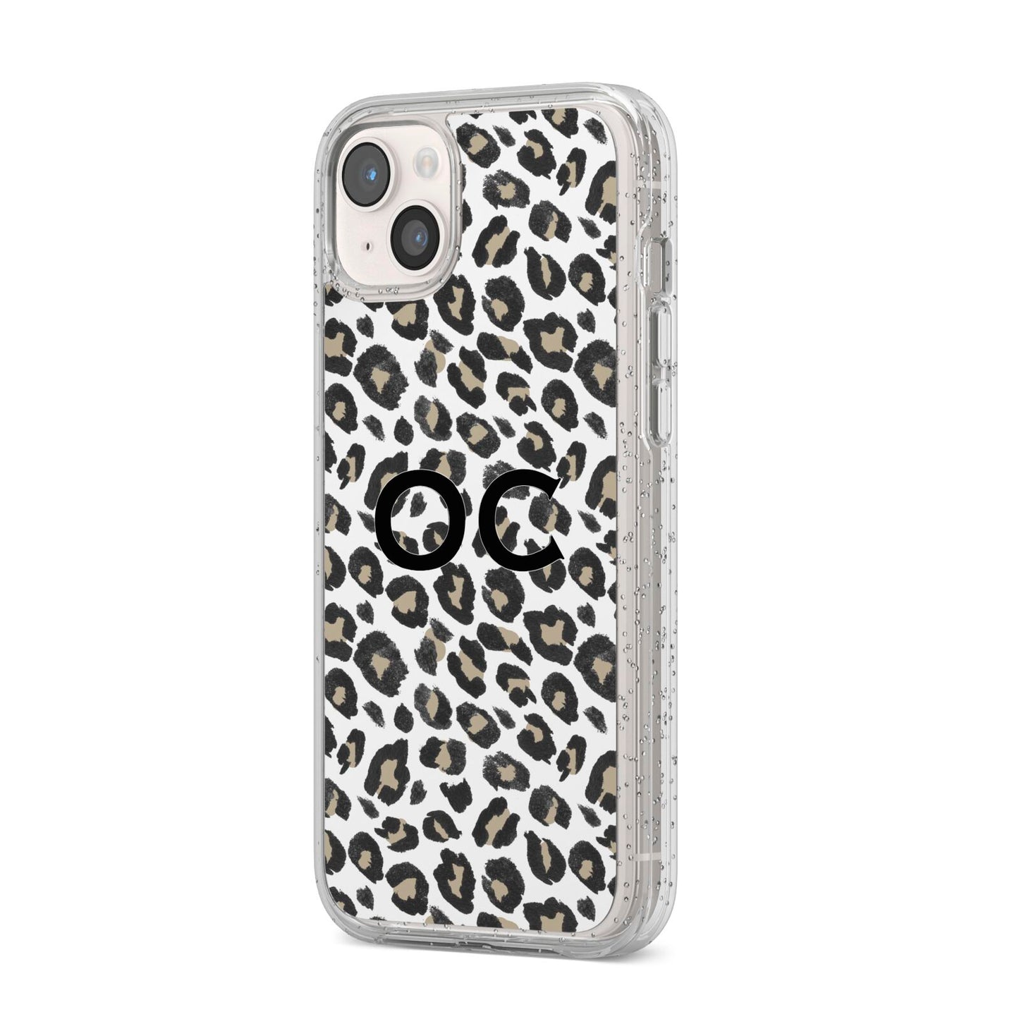 Tan Leopard Print Pattern iPhone 14 Plus Glitter Tough Case Starlight Angled Image