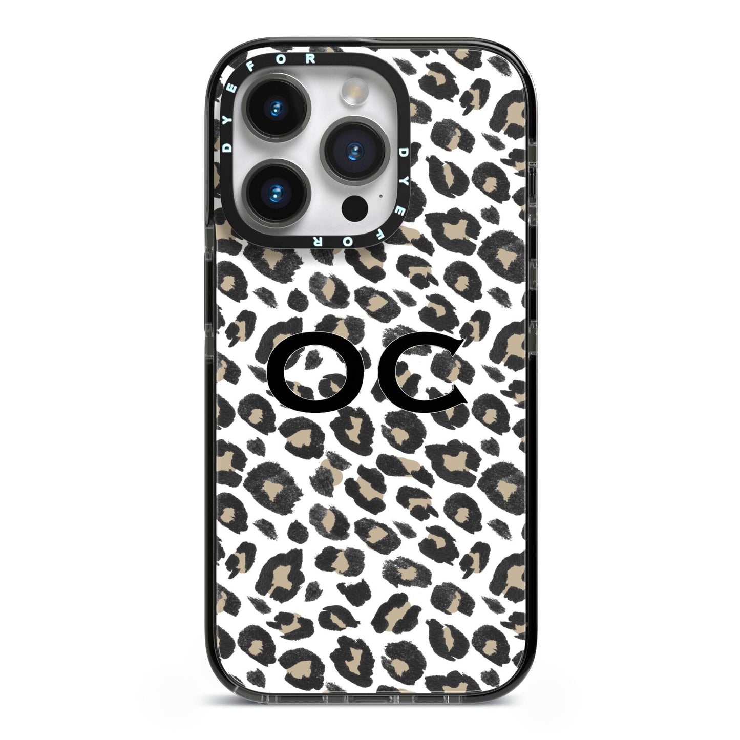 Tan Leopard Print Pattern iPhone 14 Pro Black Impact Case on Silver phone