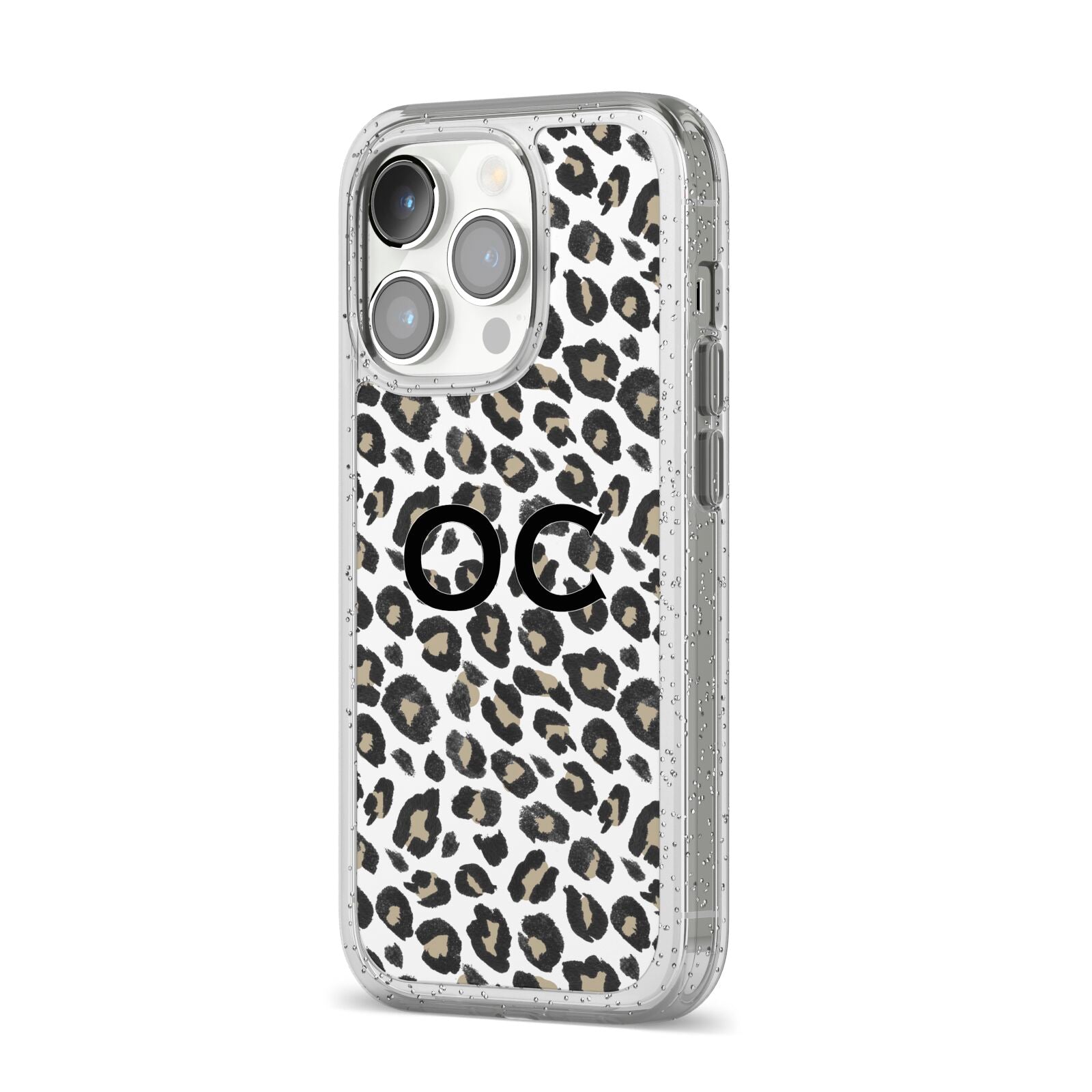 Tan Leopard Print Pattern iPhone 14 Pro Glitter Tough Case Silver Angled Image