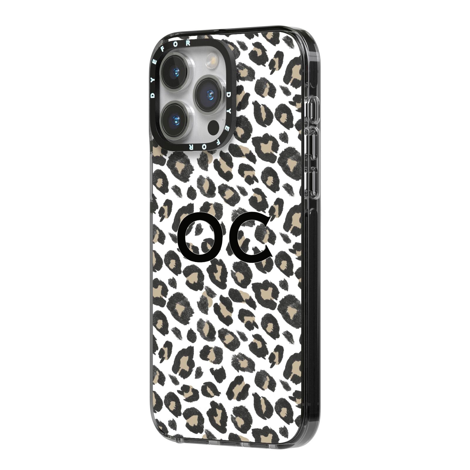 Tan Leopard Print Pattern iPhone 14 Pro Max Black Impact Case Side Angle on Silver phone