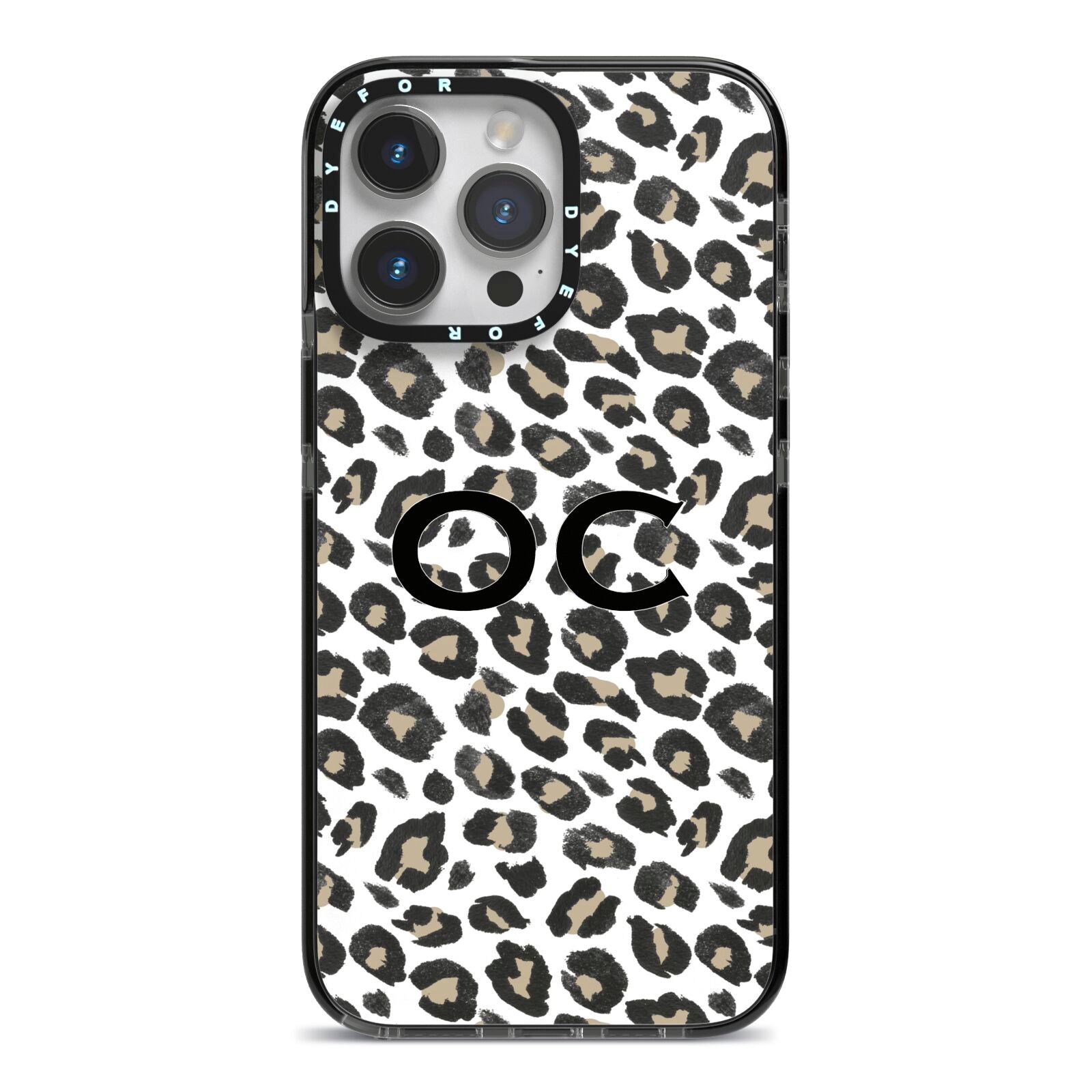 Tan Leopard Print Pattern iPhone 14 Pro Max Black Impact Case on Silver phone